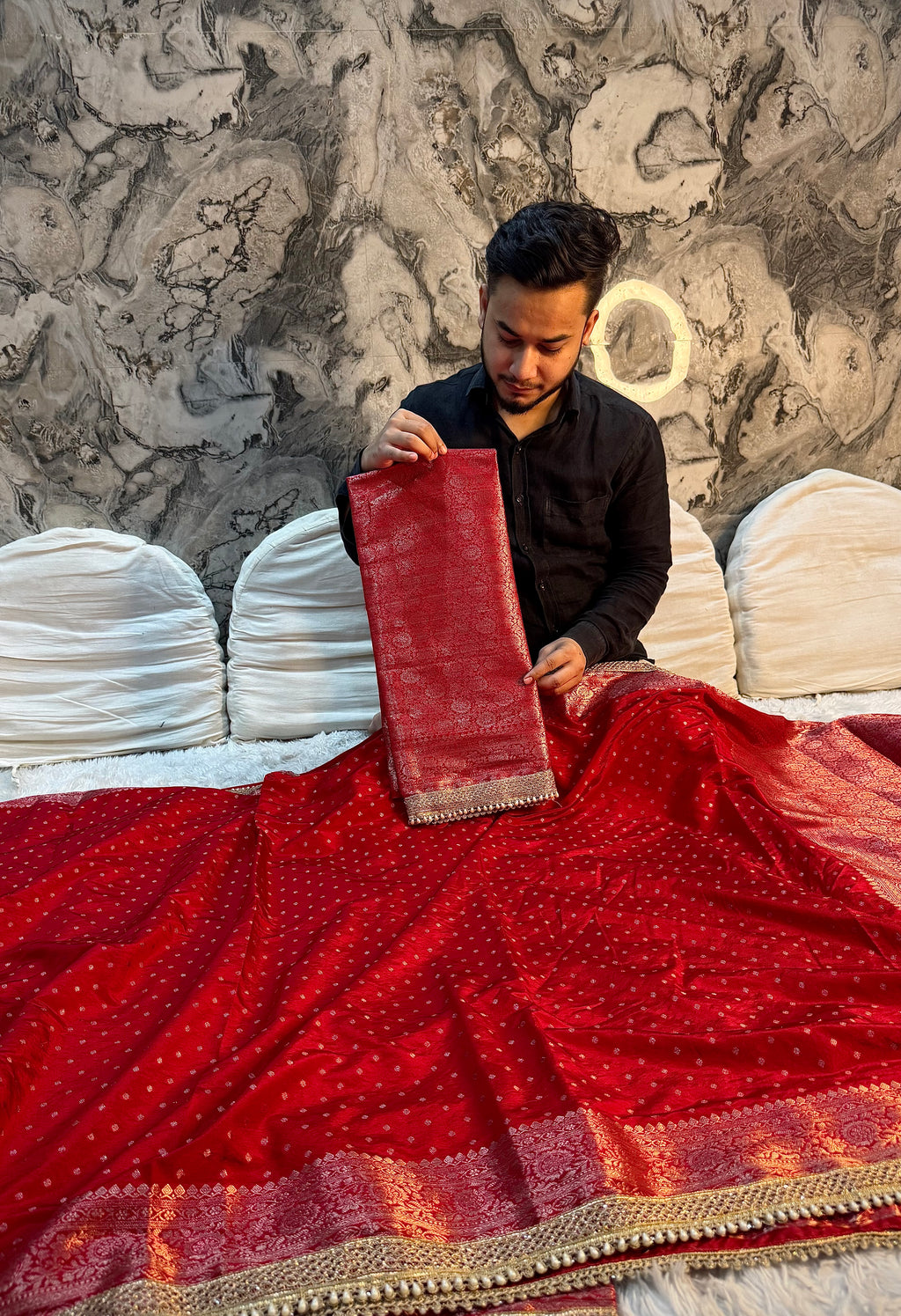 PREMIUM BRIDAL RED SHADE GEORGETTE KATAN SILK BOOTI SAREE WITH LACE ATTACHED