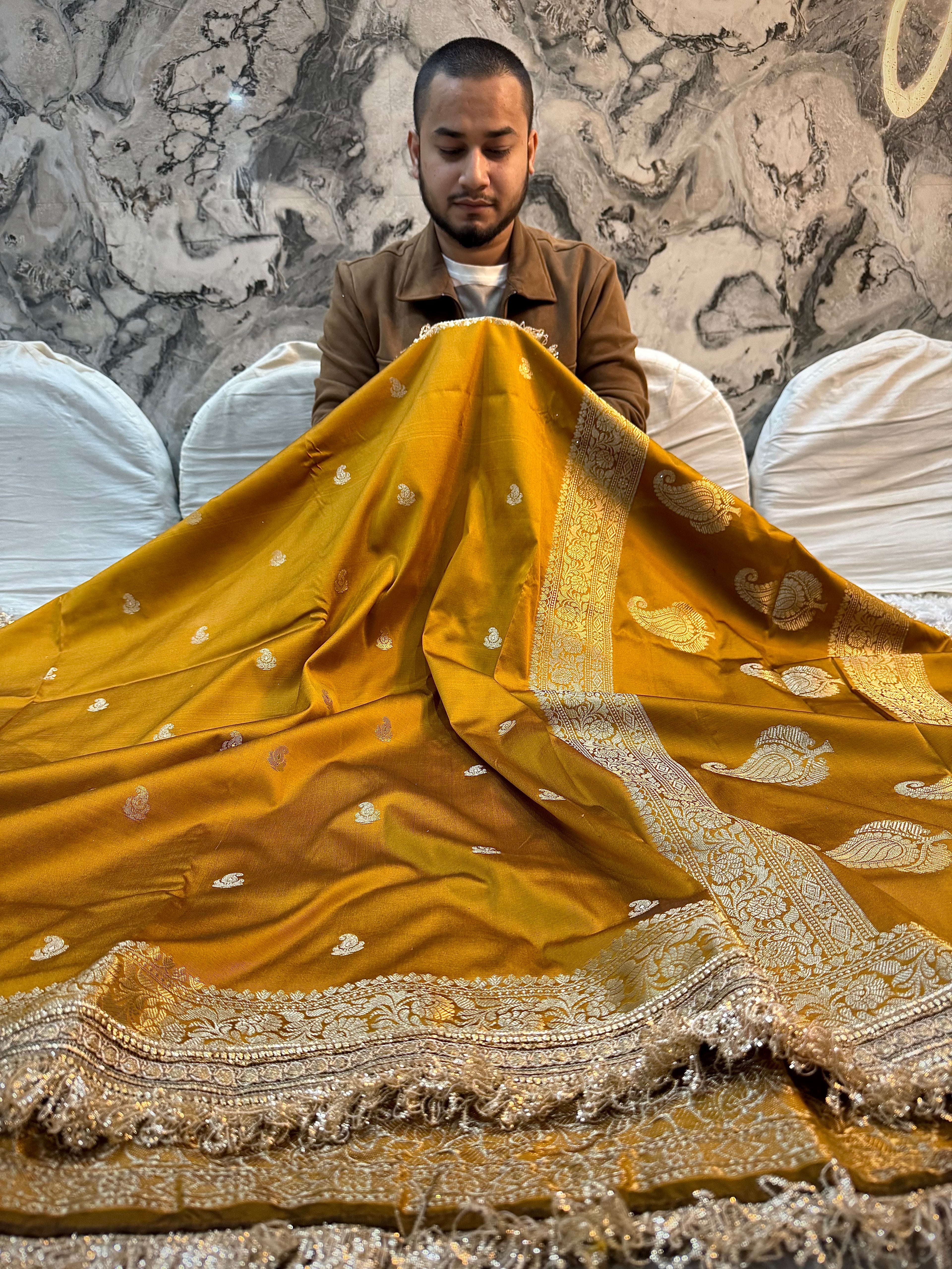 PREMIUM MUSTARD SHADE BANARASI SOFT SILK SAREE WITH LACE ATTACHED