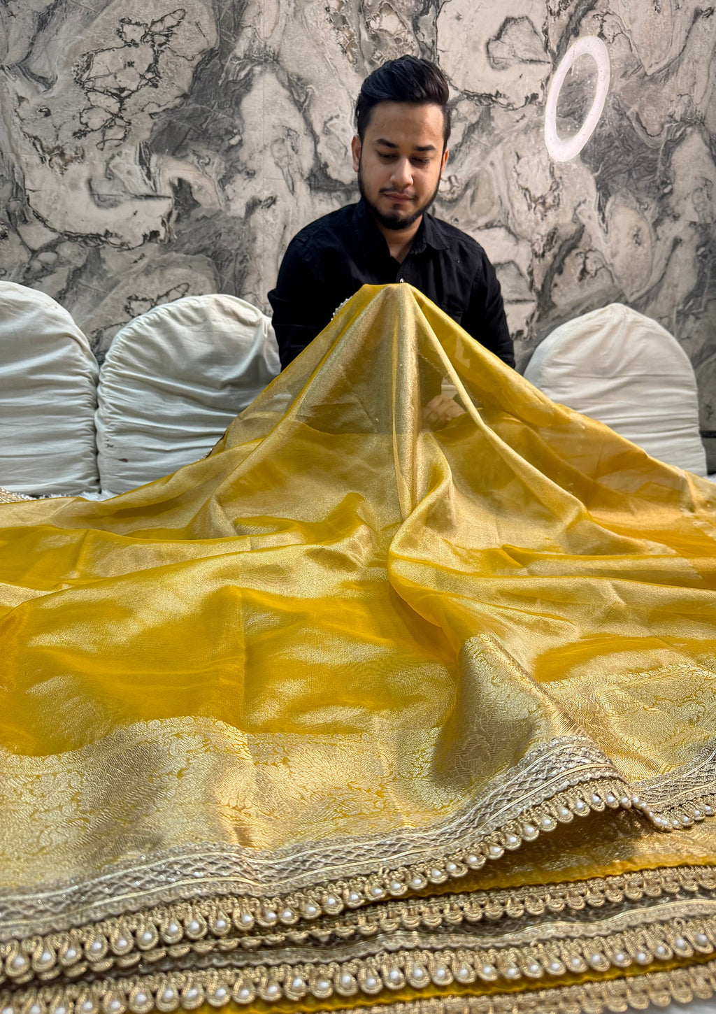 JANHVI KAPOOR INSPIRED YELLOW SHADE DESIGNER TISSUE SILK SAREE