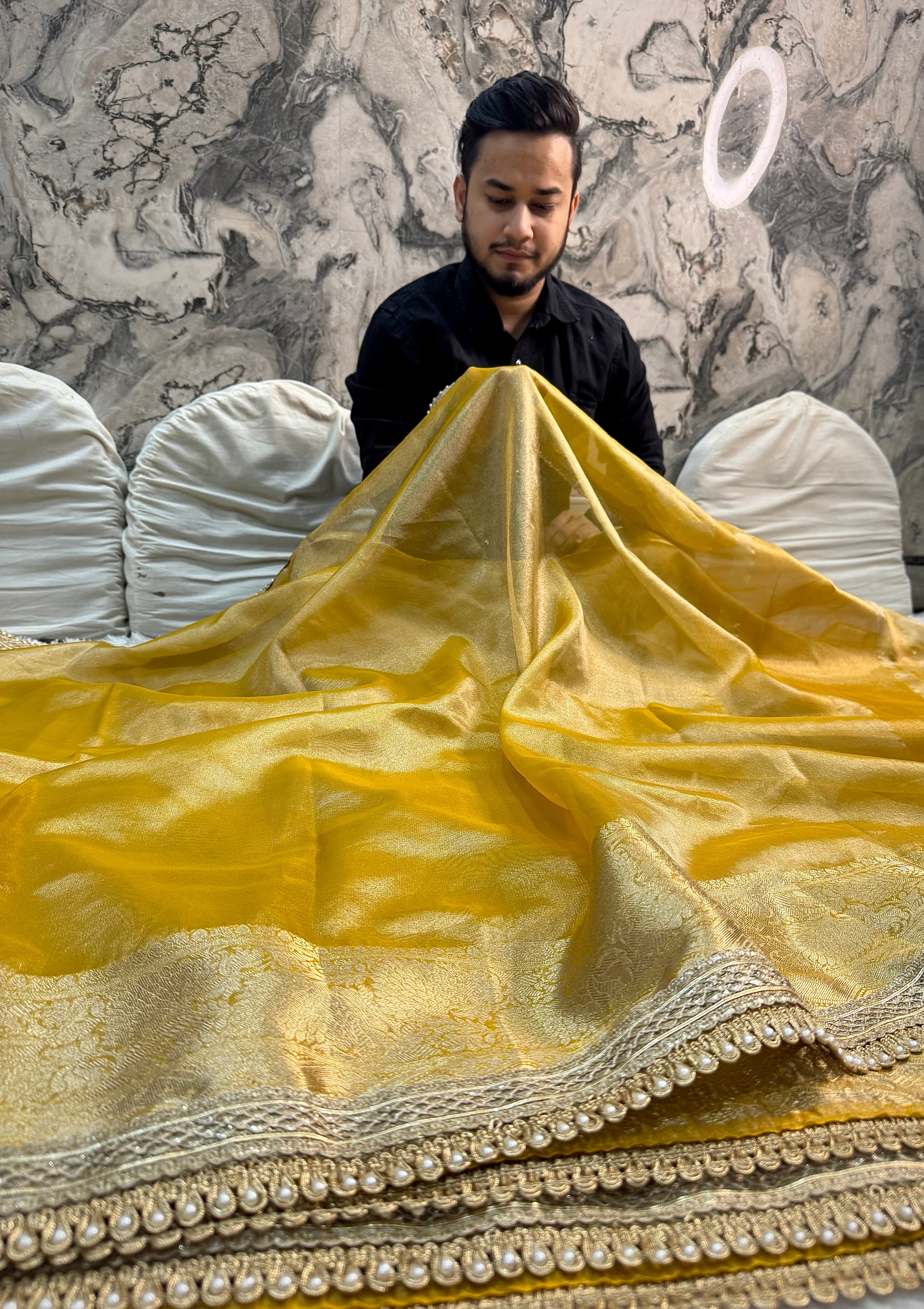 JANHVI KAPOOR INSPIRED YELLOW SHADE DESIGNER TISSUE SILK SAREE