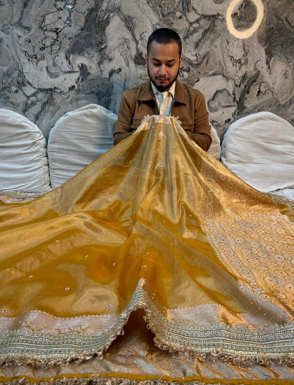 EXCLUSIVE YELLOW SHADE SOFT TISSUE SILK SAREE DESIGNER HAND STONE WORK WITH LACE ATTACHED