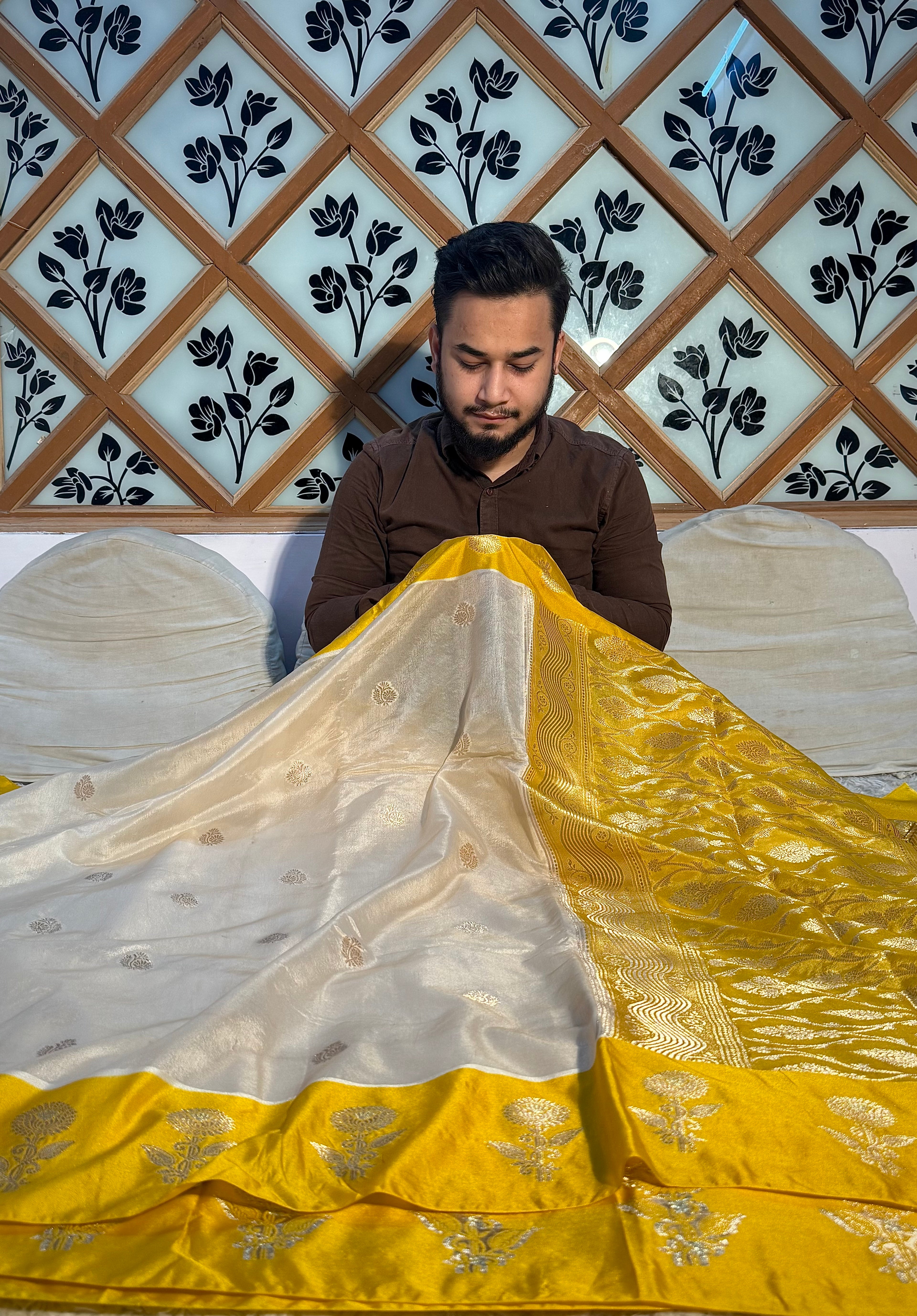 PREMIUM OFF WHITE WITH YELLOW SHADE BANARASI VISCOSE SILK WITH SATIN BORDER