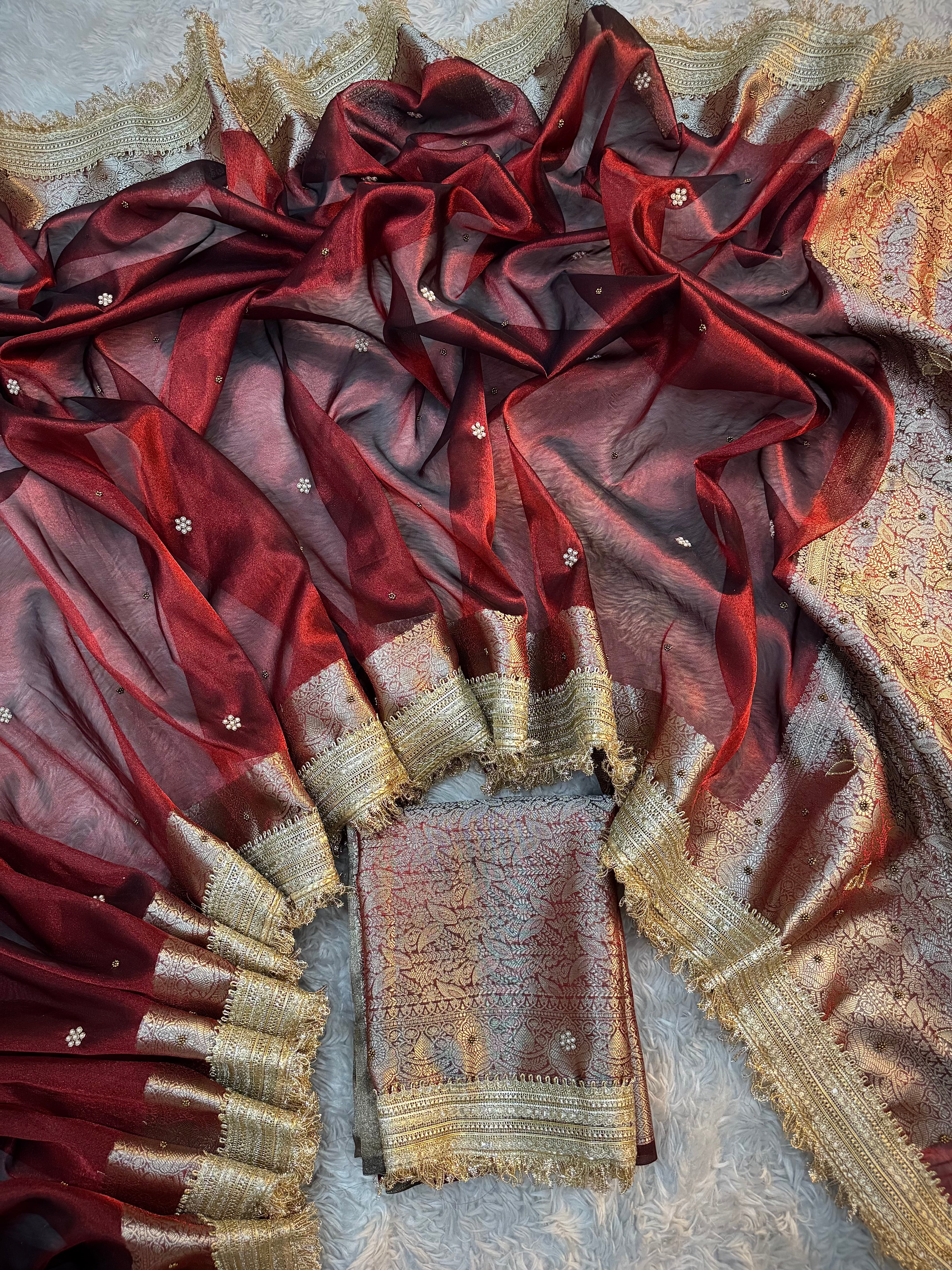 LUXURIOUS MAROON SHADE SOFT TISSUE SILK WITH PREMIUM HAND EMBROIDERY AND LACE WORK