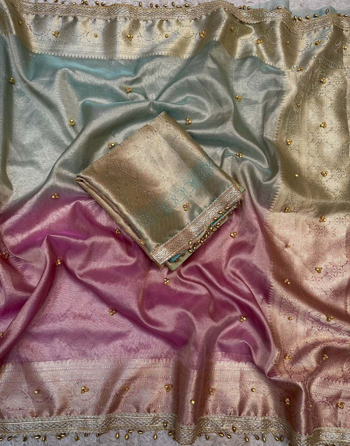 PREMIUM BABY PINK & SKY BLUE SOFT BANARASI TISSUE SILK GHUNGROO WORKS SAREE