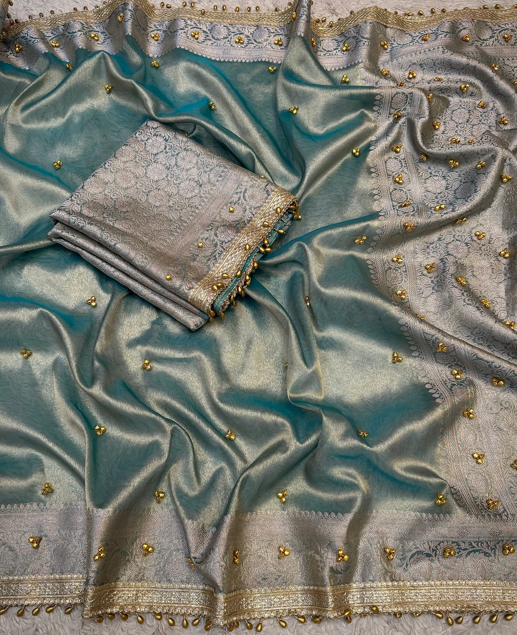 PREMIUM AQUA BLUE SHADE GHUNGROO WORK SOFT BANARASI TISSUE SILK DESIGNER SAREE