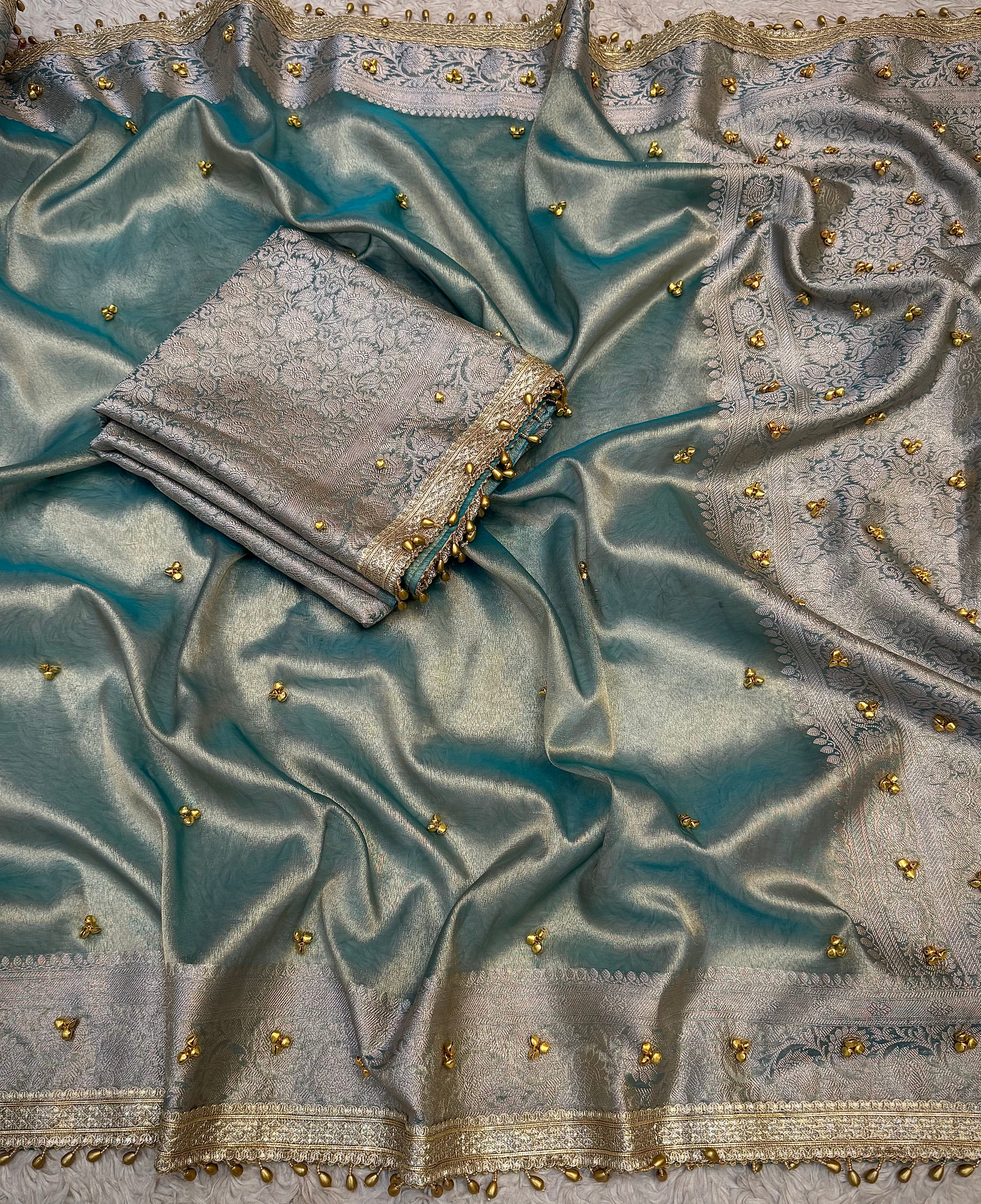 PREMIUM AQUA BLUE SHADE GHUNGROO WORK SOFT BANARASI TISSUE SILK DESIGNER SAREE