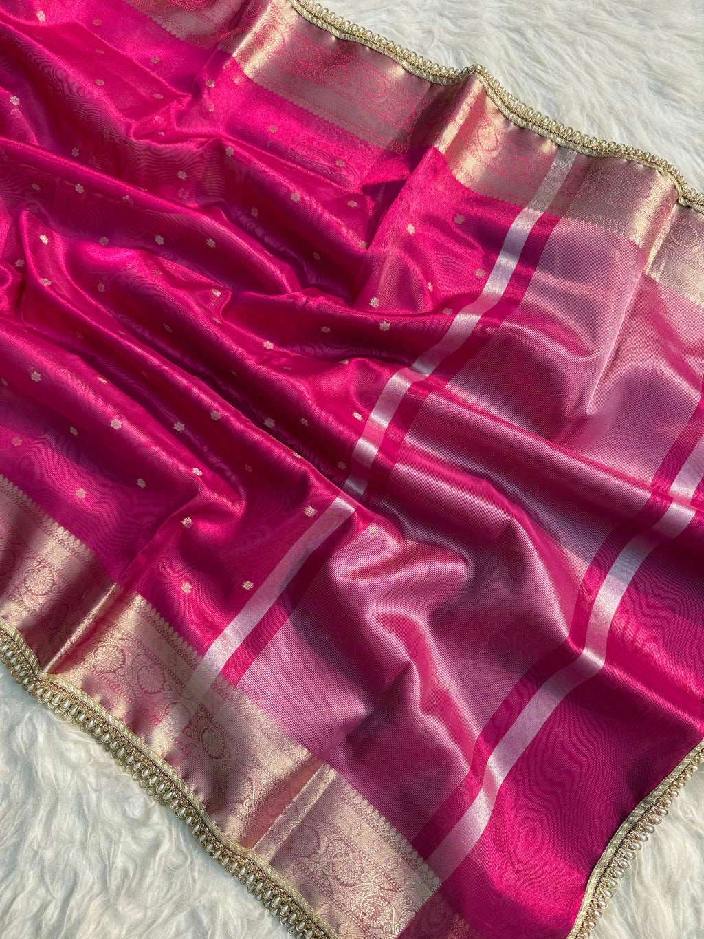 PREMIUM RANI SHADE DESIGNER TISSUE SILK BOOTI SAREE WITH LACE ATTACHED