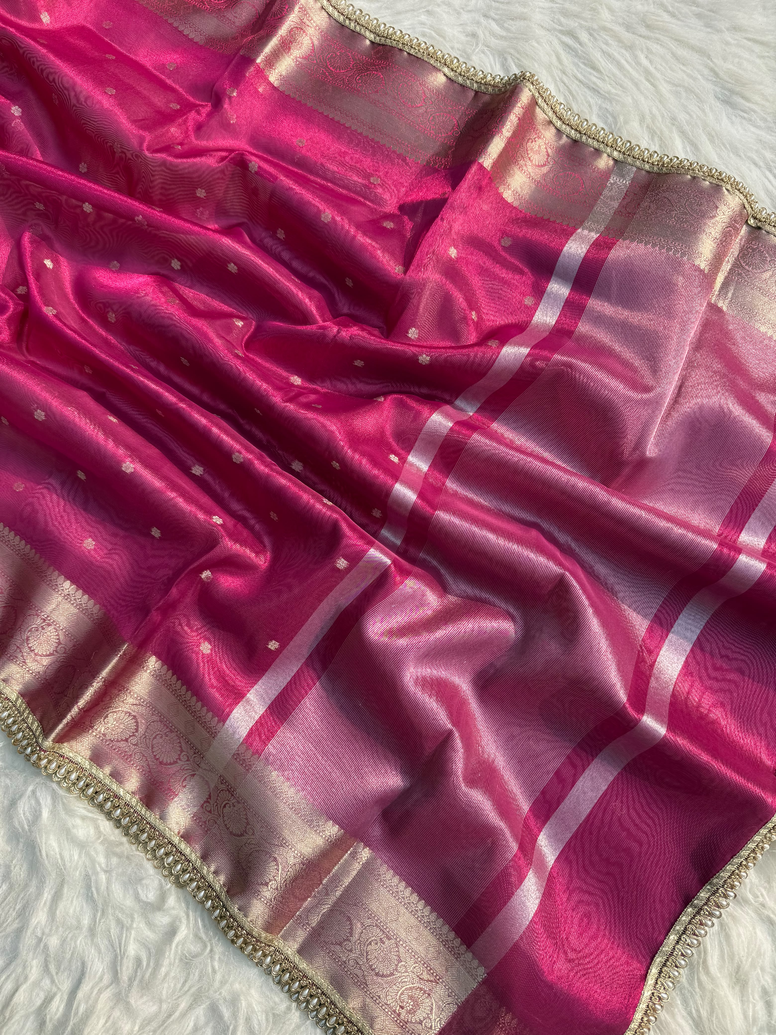 PREMIUM RANI SHADE DESIGNER TISSUE SILK BOOTI SAREE WITH LACE ATTACHED