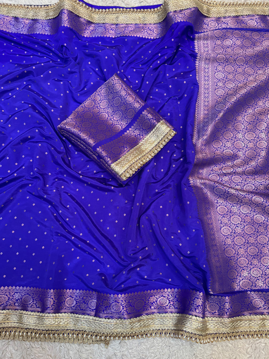 PREMIUM ROYAL BLUE SHADE GEORGETTE KATAN SILK SAREE WITH MOTI LACE ATTACHED