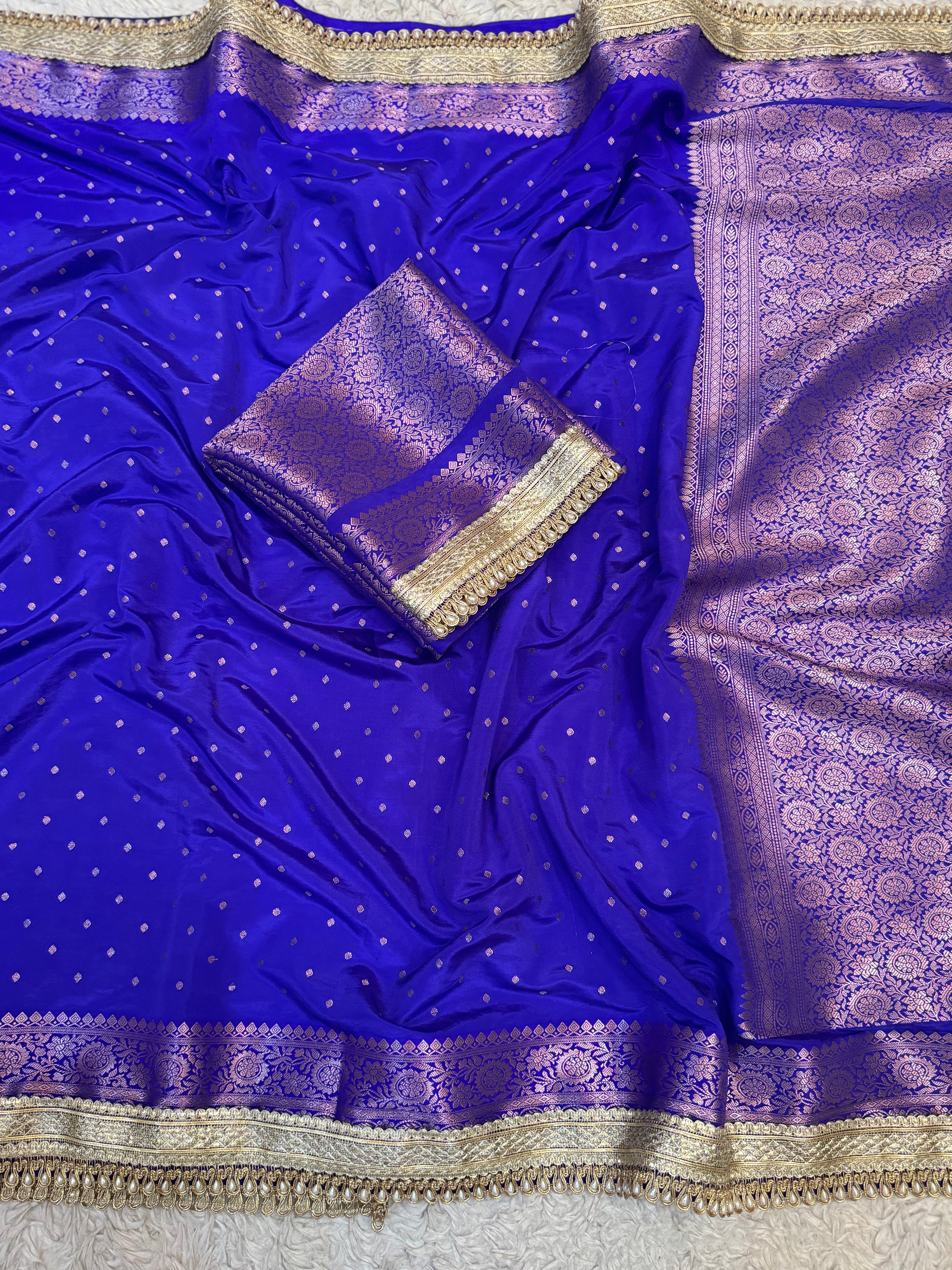 PREMIUM ROYAL BLUE SHADE GEORGETTE KATAN SILK SAREE WITH MOTI LACE ATTACHED