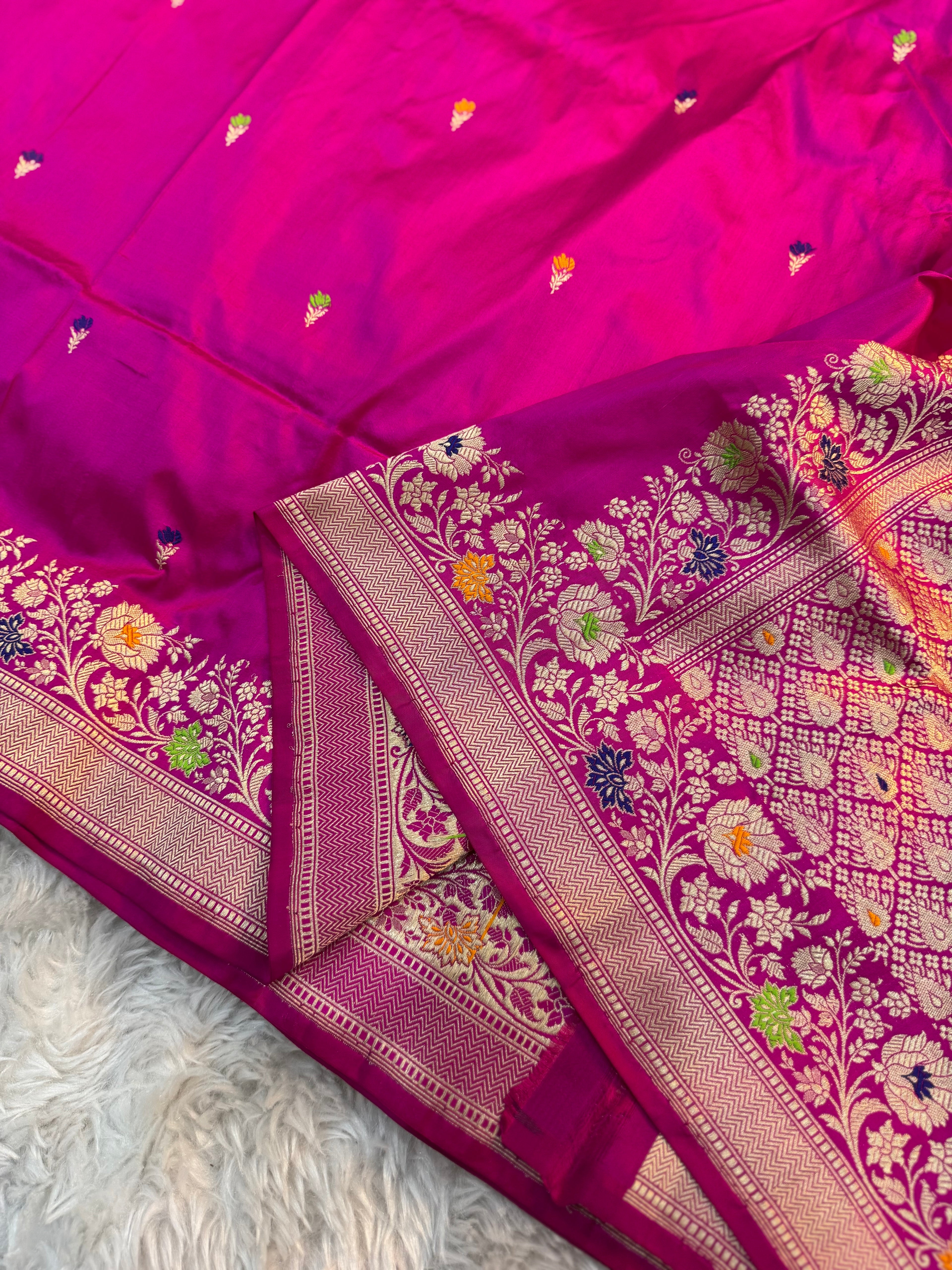 PURE RANI SHADE KATAN SILK KADHUWA BOOTI MEENAKARI SAREE