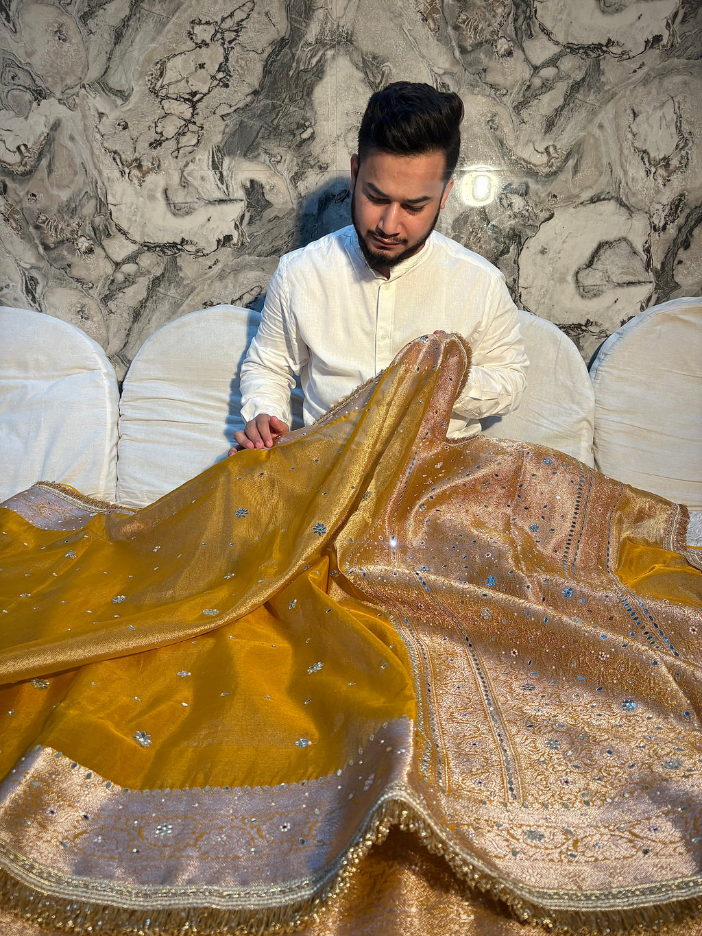 EXCLUSIVE YELLOW SHADE SHADE SOFT TISSUE SILK MIRROR WORK DESIGNER SAREE