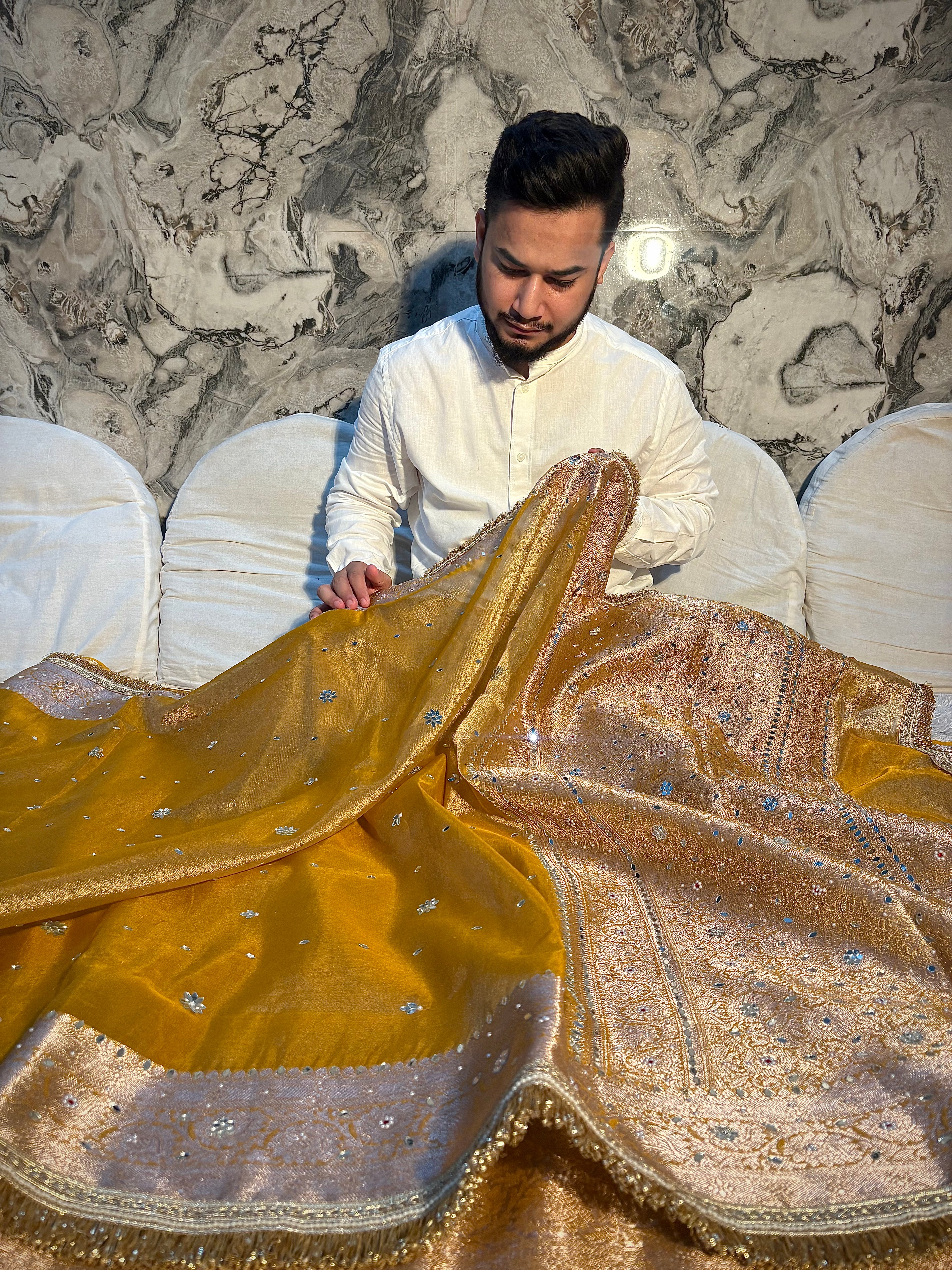 EXCLUSIVE YELLOW SHADE SHADE SOFT TISSUE SILK MIRROR WORK DESIGNER SAREE