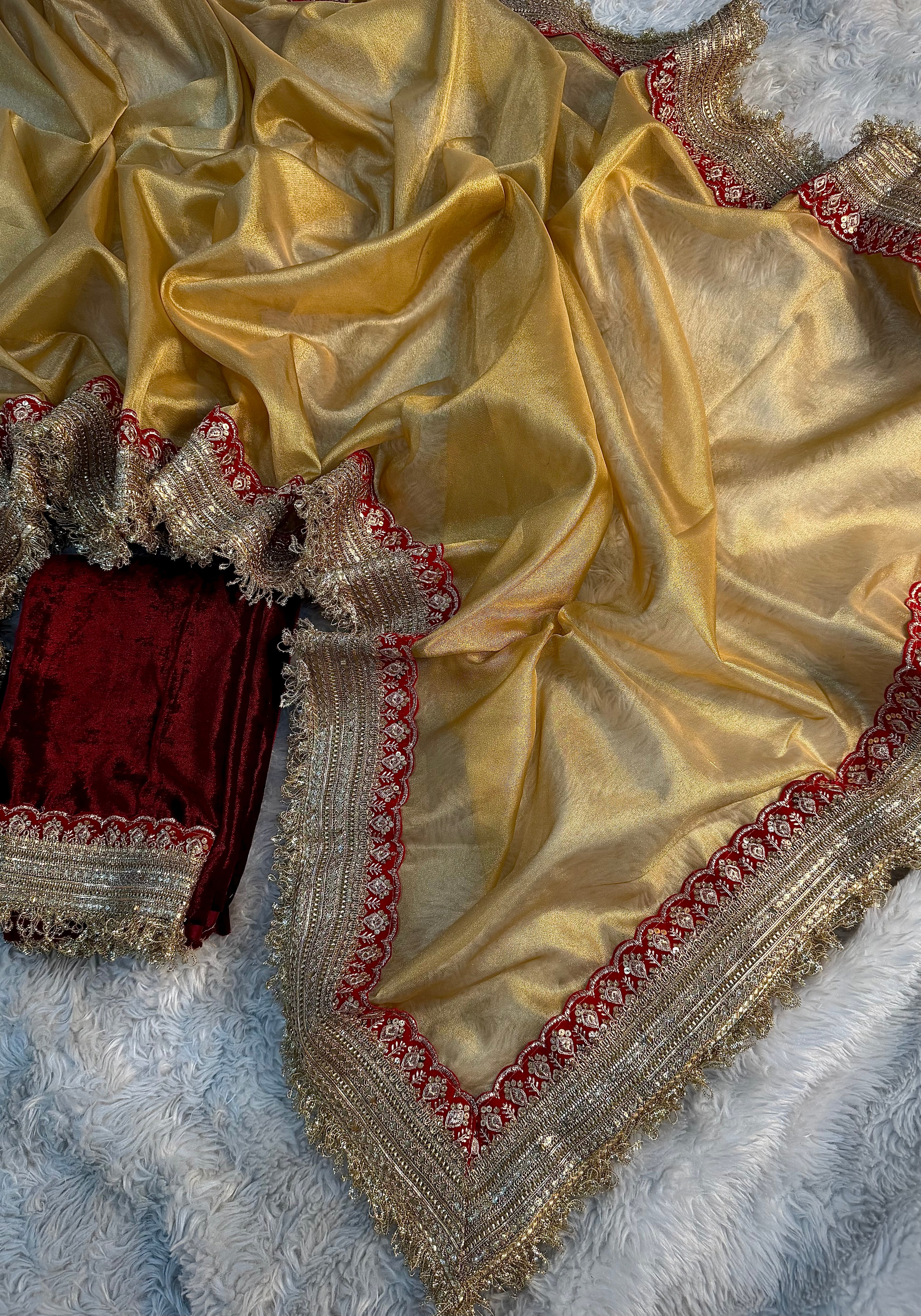 PREMIUM LIGHT GOLDEN SHADE SOFT TISSUE SILK SAREE WITH HEAVY LACE AND VELVET BLOUSE
