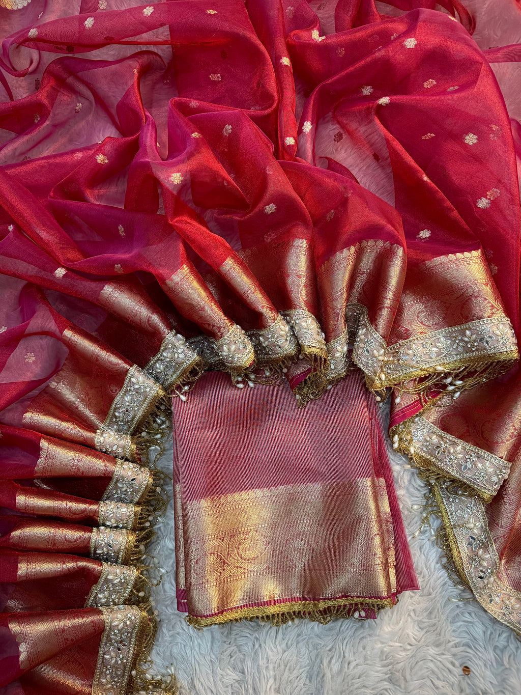PREMIUM PINK RED SHADE DESIGNER SOFT TISSUE SILK BOOTI SAREE WITH MAHARANI LACE ATTACHED