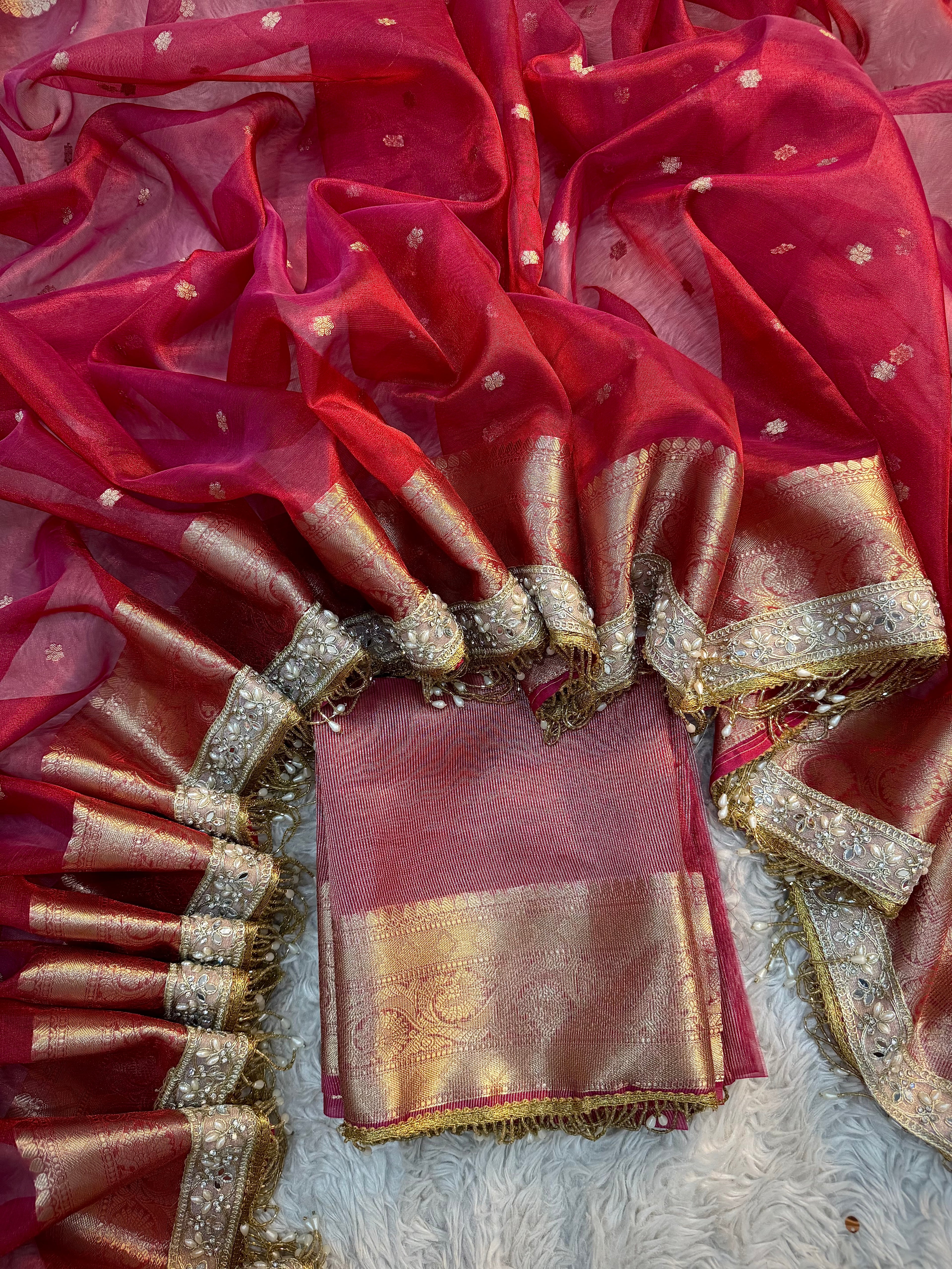 PREMIUM PINK RED SHADE DESIGNER SOFT TISSUE SILK BOOTI SAREE WITH MAHARANI LACE ATTACHED