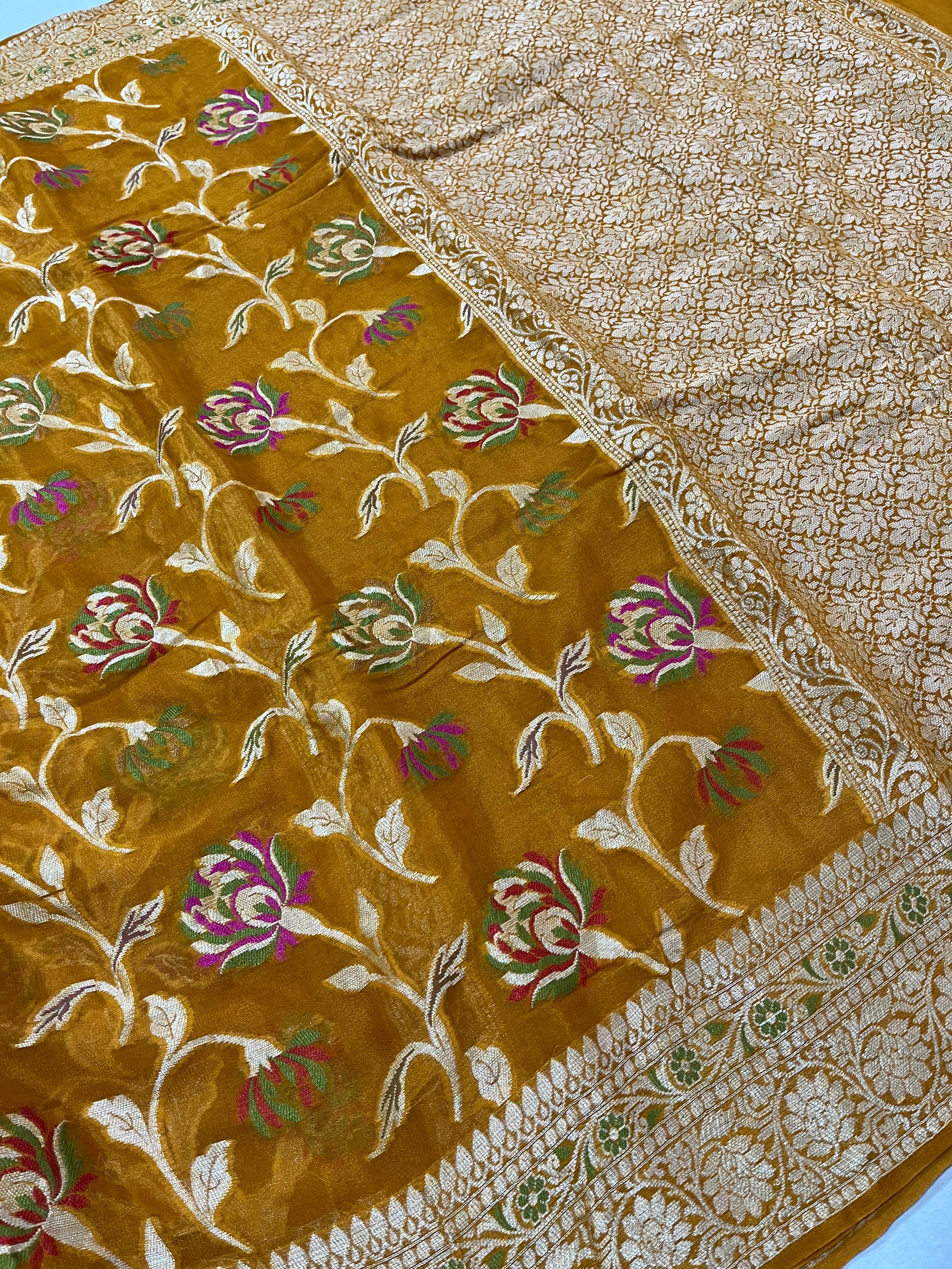 PREMIUM MUSTARD SHADE PURE KHADDI GEORGETTE SILK SAREE WITH BEAUTIFUL HAND-BRUSH