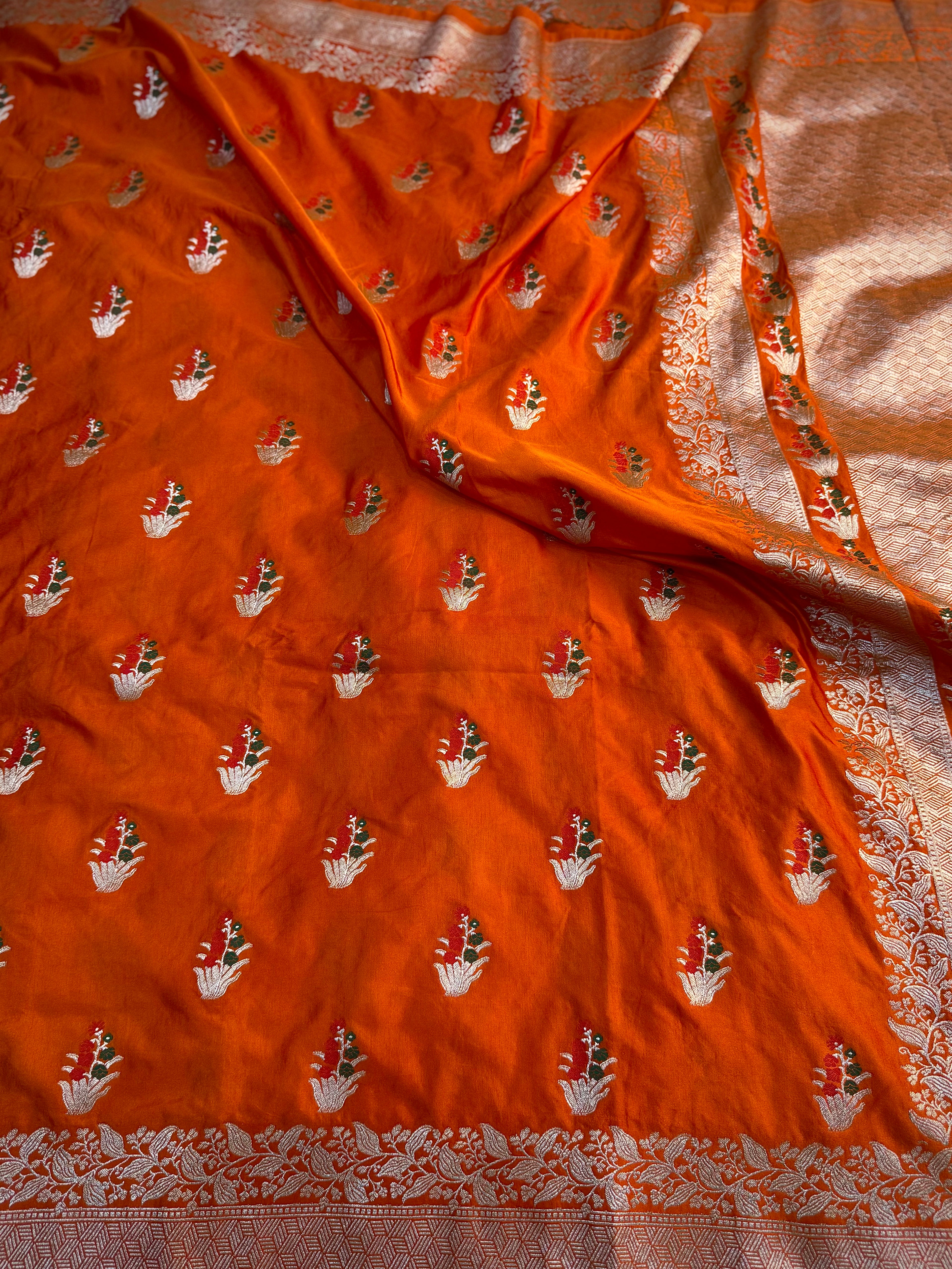 PREMIUM ORANGE SHADE SATIN MASHRU KATAN SILK SAREE