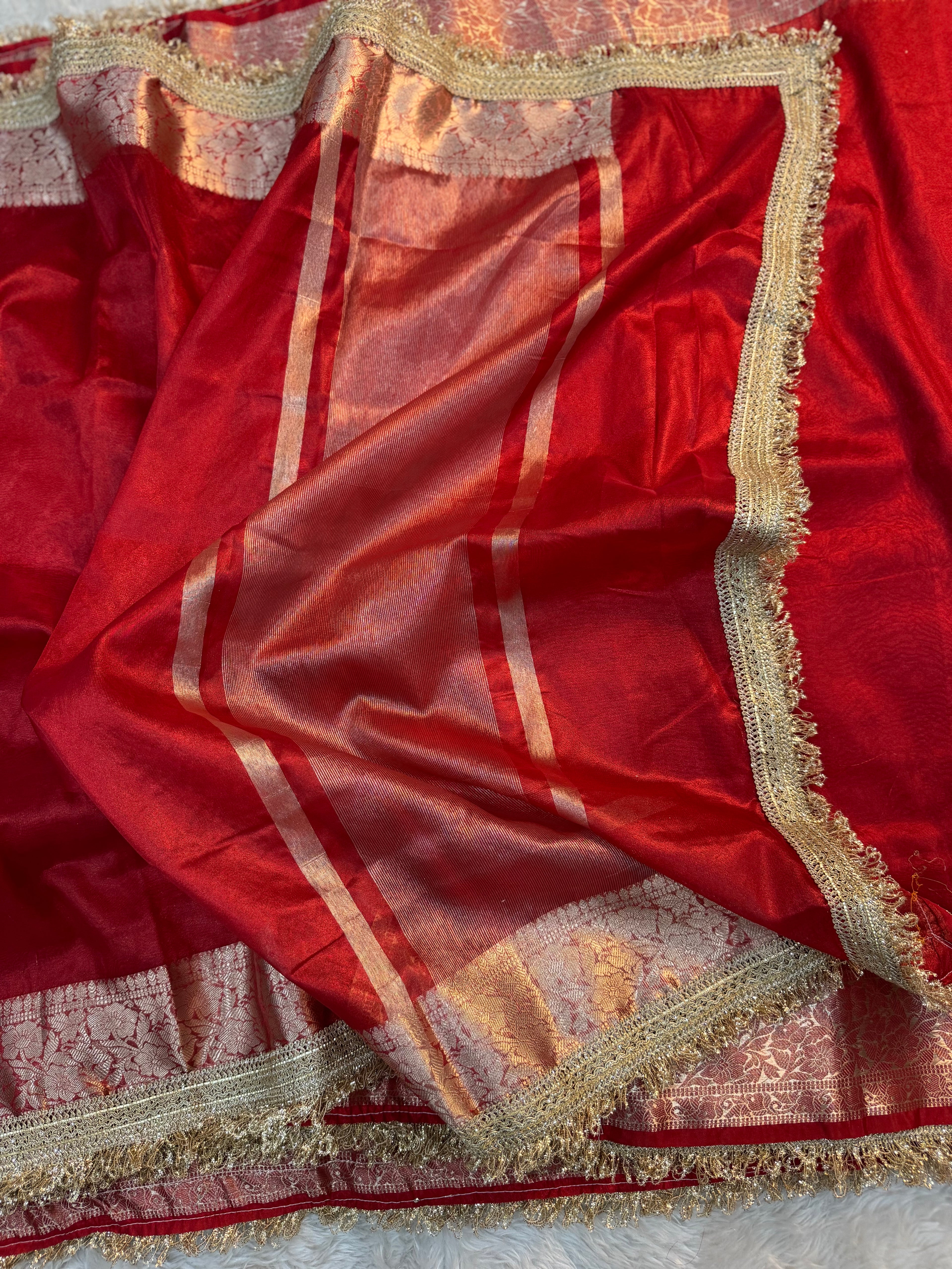 PREMIUM RED SHADE SOFT TISSUE SILK SAREE WITH LACE ATTACHED
