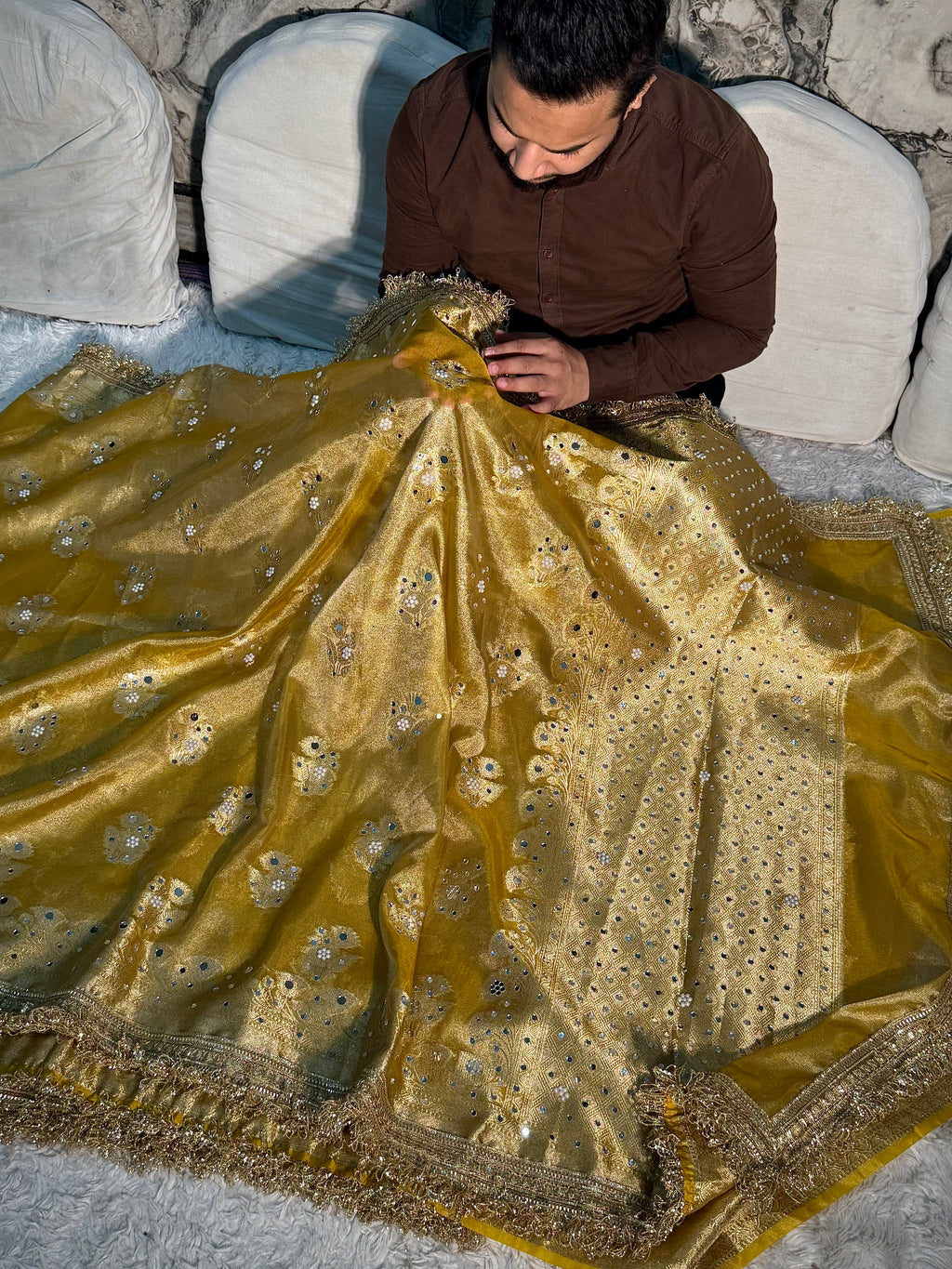 EXCLUSIVE YELLOW SHADE SOFT TISSUE SILK MIRROR WORK DESIGNER SAREE