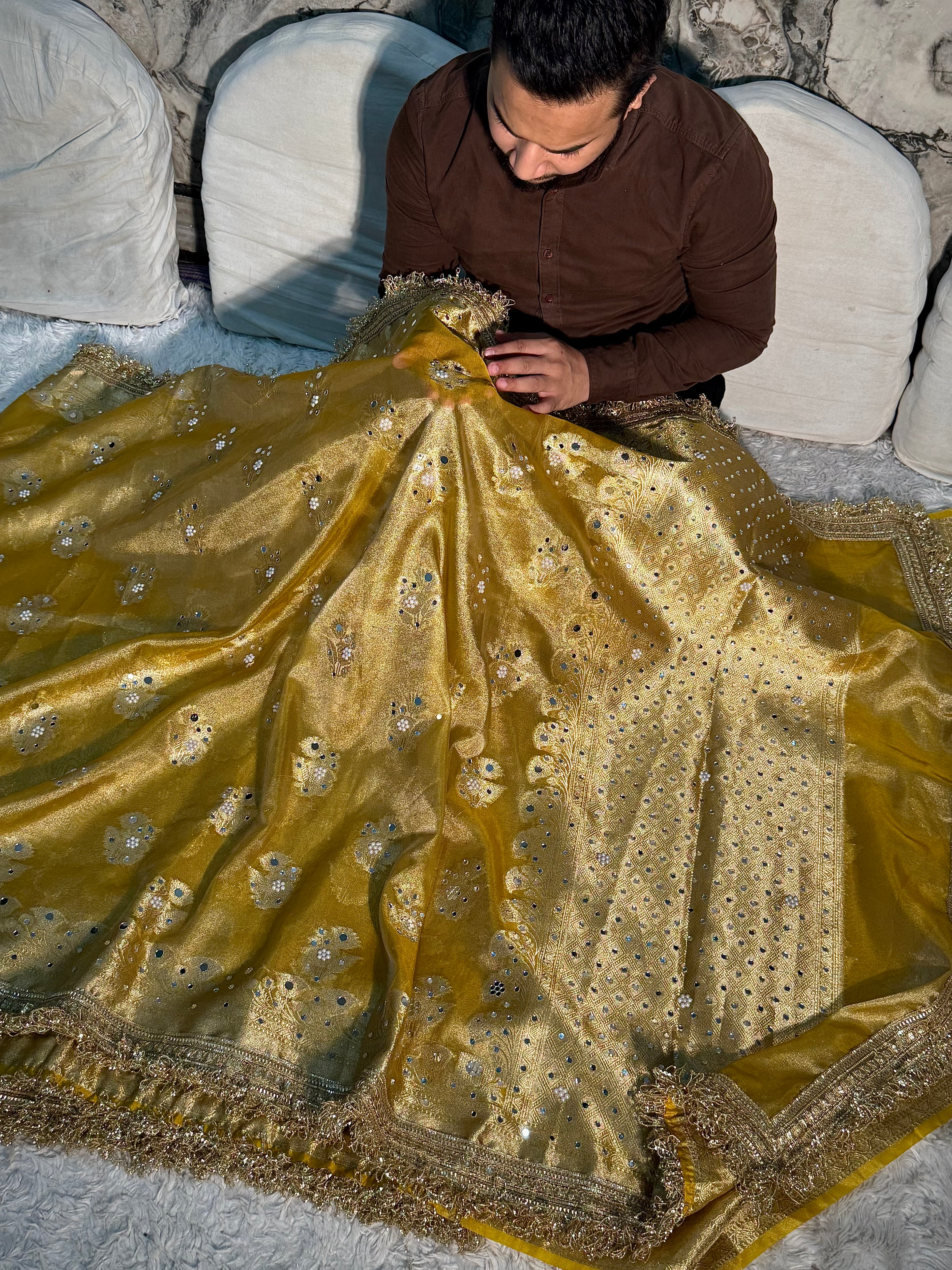 EXCLUSIVE YELLOW SHADE SOFT TISSUE SILK MIRROR WORK DESIGNER SAREE