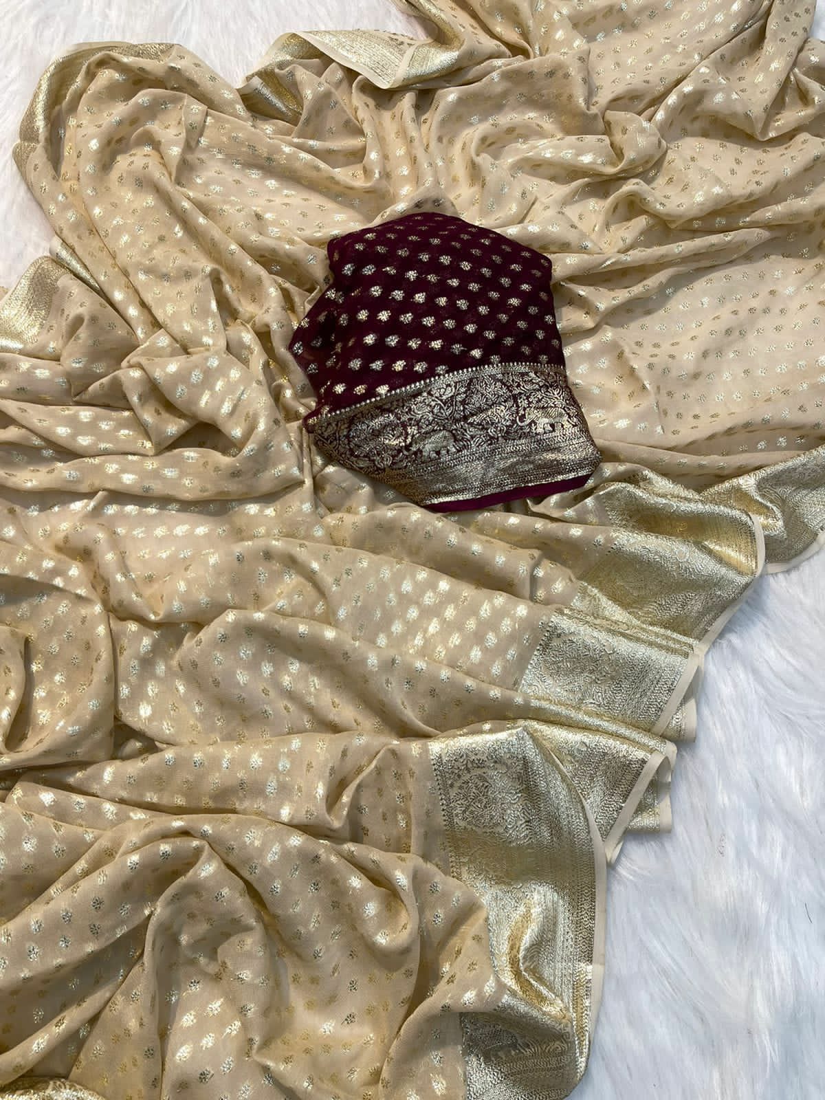 PREMIUM CREAM SHADE PURE VISCOE SILK SAREE WITH ZARI BOOTI WEAVE ALL OVER THE BODY