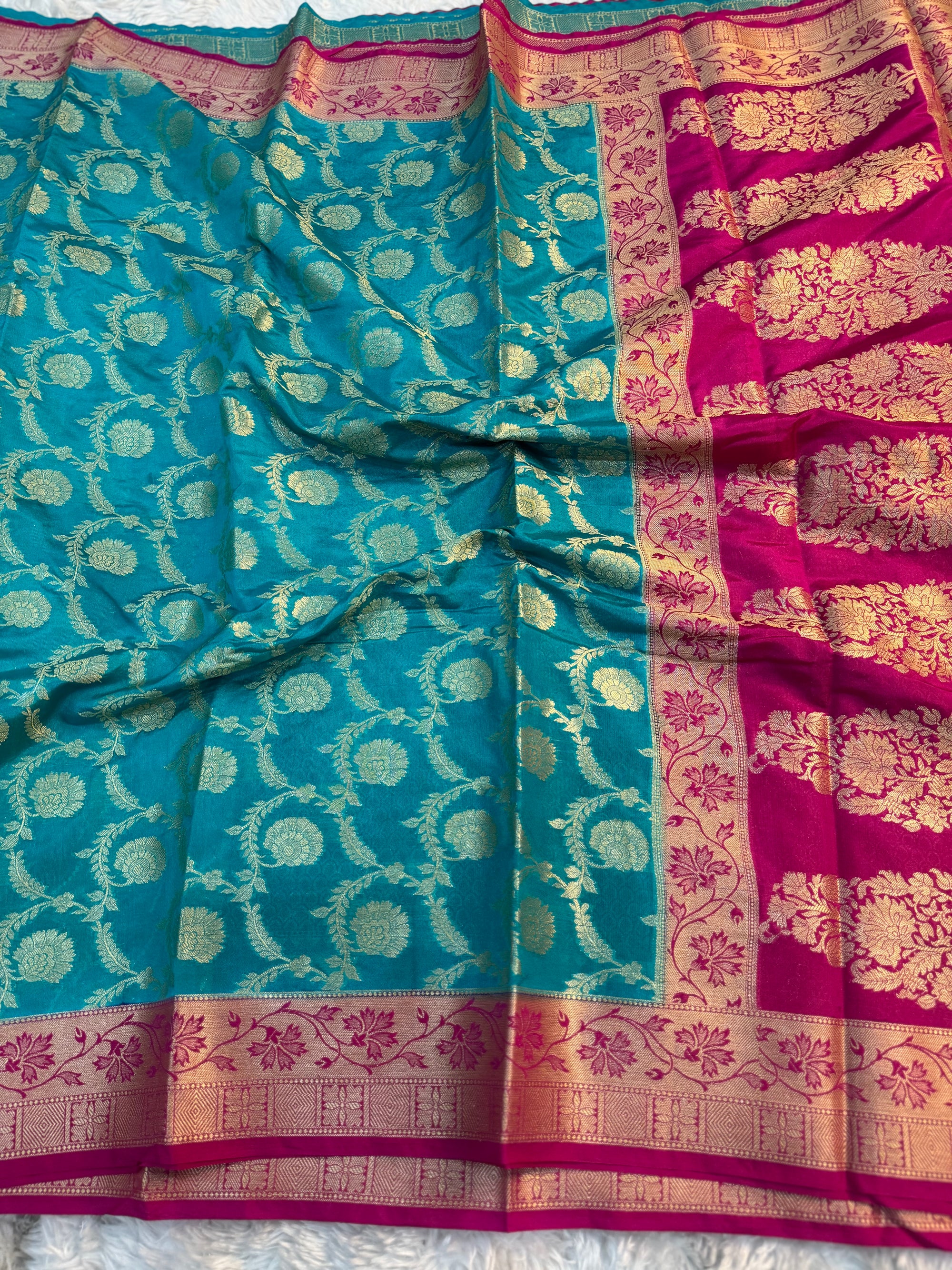 SEA GREEN AND RANI GEORGETTE BANARASI SAREE