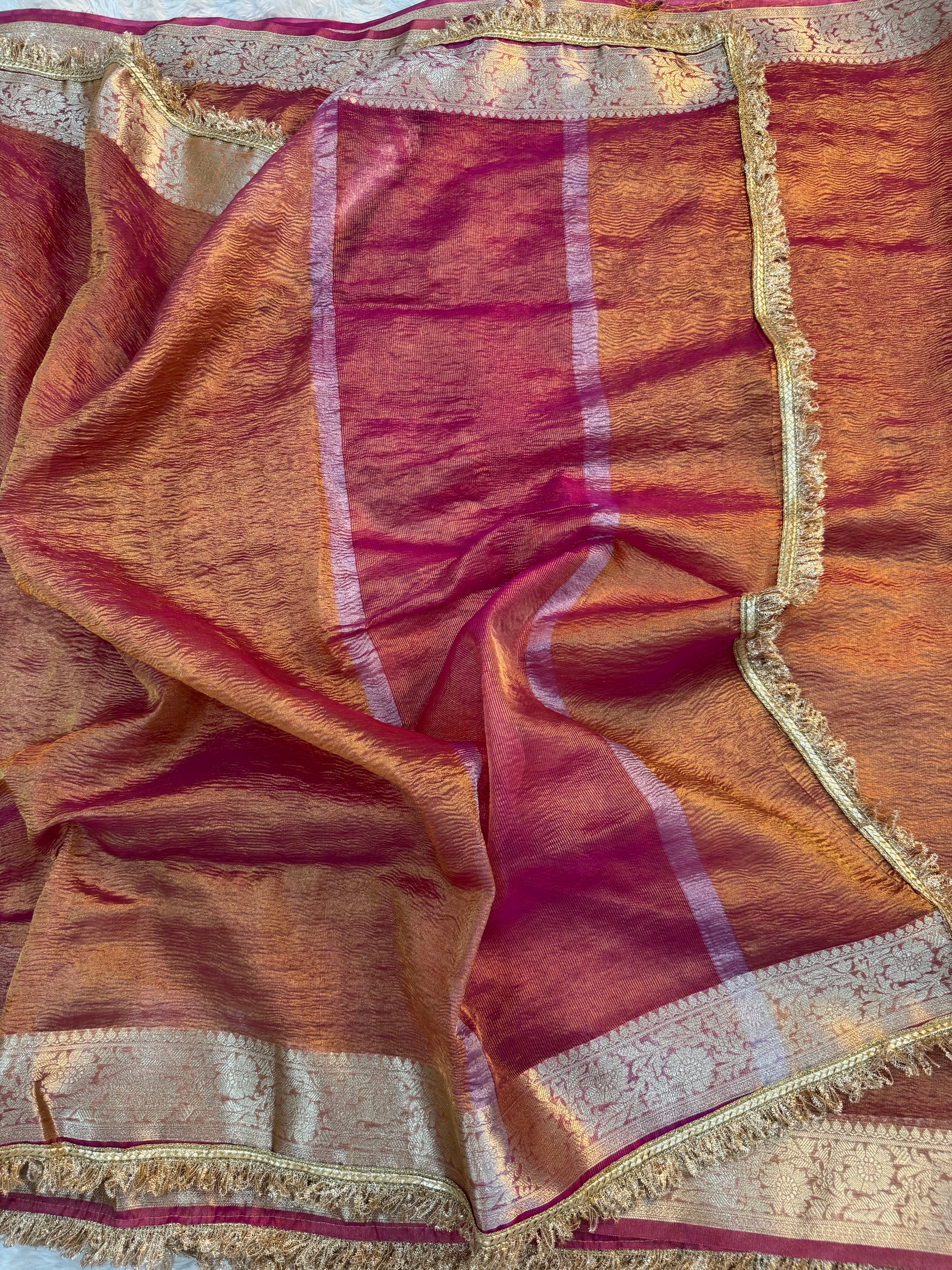 PREMIUM PINK SHADE SOFT CRUSH TISSUE SILK SAREE WITH LACE ATTACHED