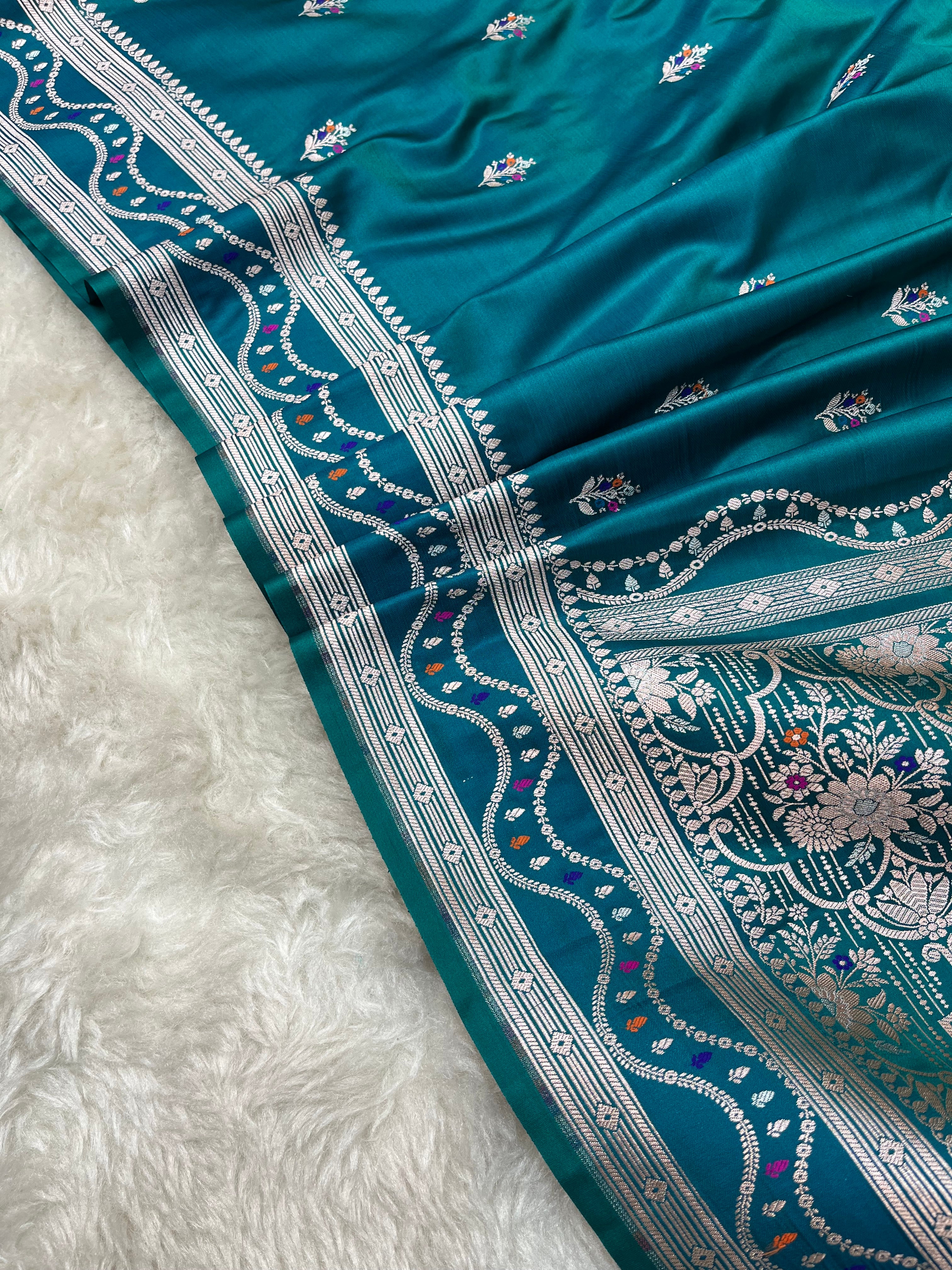 PREMIUM TEAL BLUE SHADE MASHRU KATAN SILK SAREE