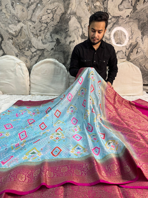BEAUTIFUL LIGHT BLUE SHADE BANARASI SOFT SILK SAREE WITH DIGITAL PRINT