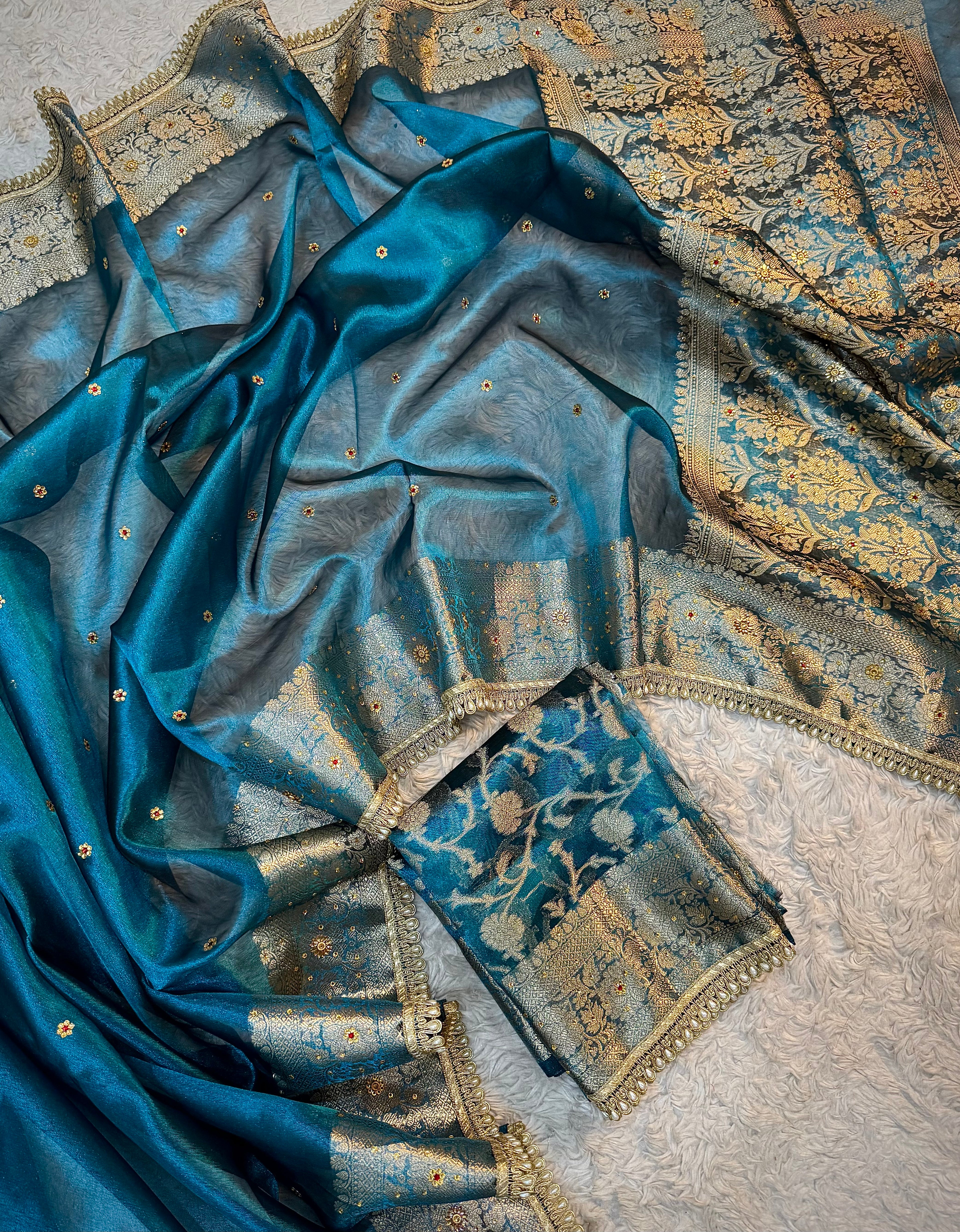EXCLUSIVE GERMAN BLUE SHADE SOFT TISSUE SILK SAREE DESIGNER HAND STONE WORK WITH LACE ATTACHED