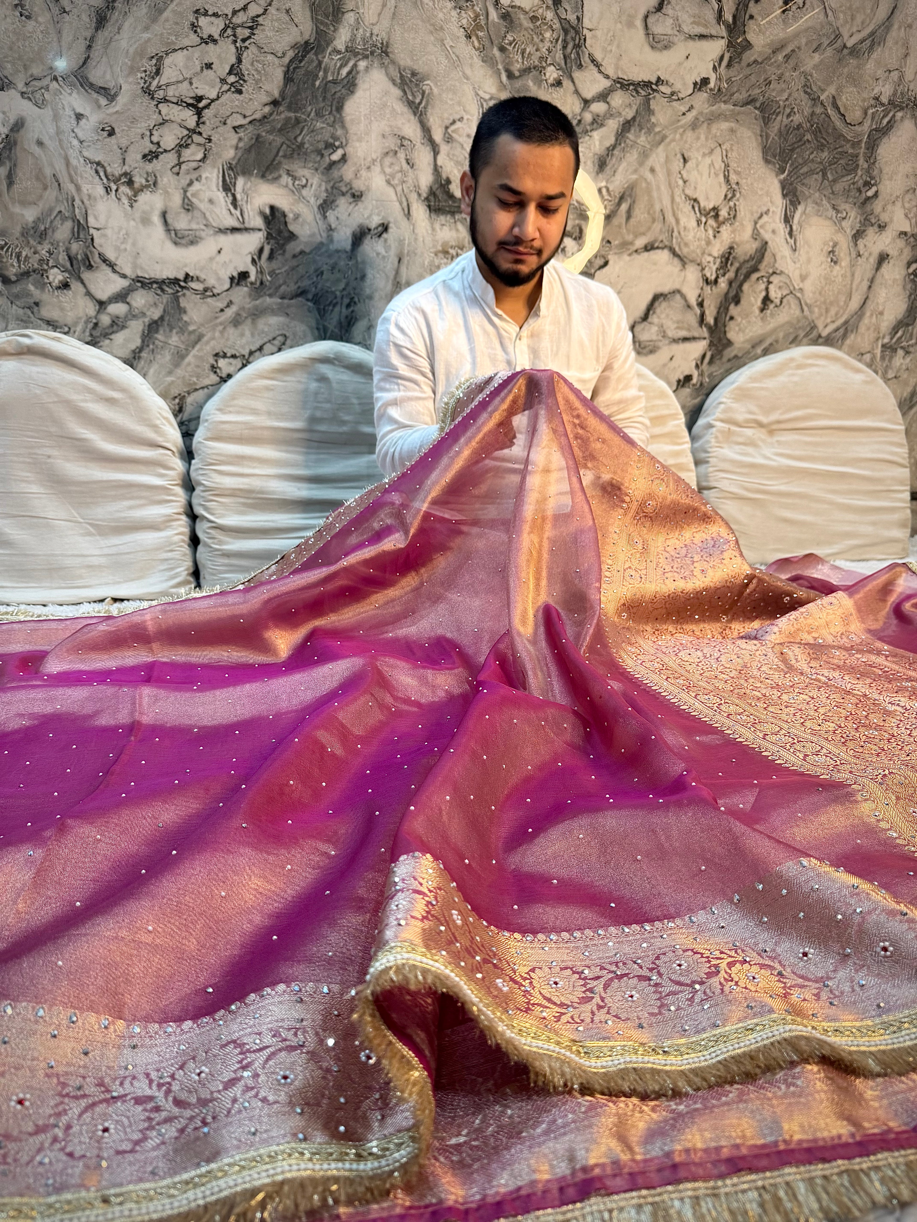 EXCLUSIVE ROSE PINK SHADE SOFT TISSUE SILK SAREE DESIGNER HEAVY HAND STONE WORK WITH LACE ATTACHED