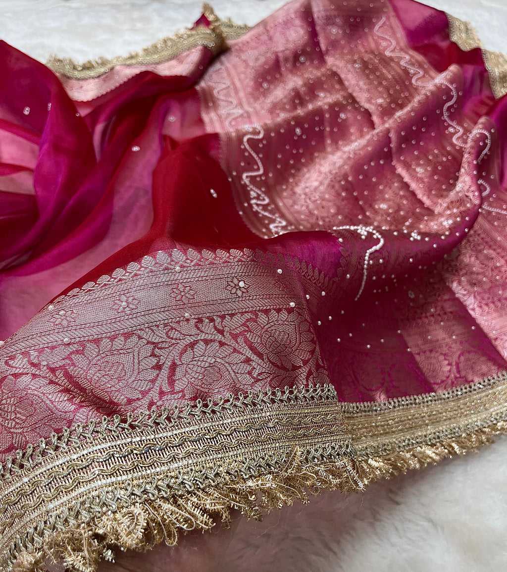 PREMIUM HOT PINK SHADE SOFT TISSUE SILK SAREE DESIGNER HAND STONE WORK WITH LACE ATTACHED