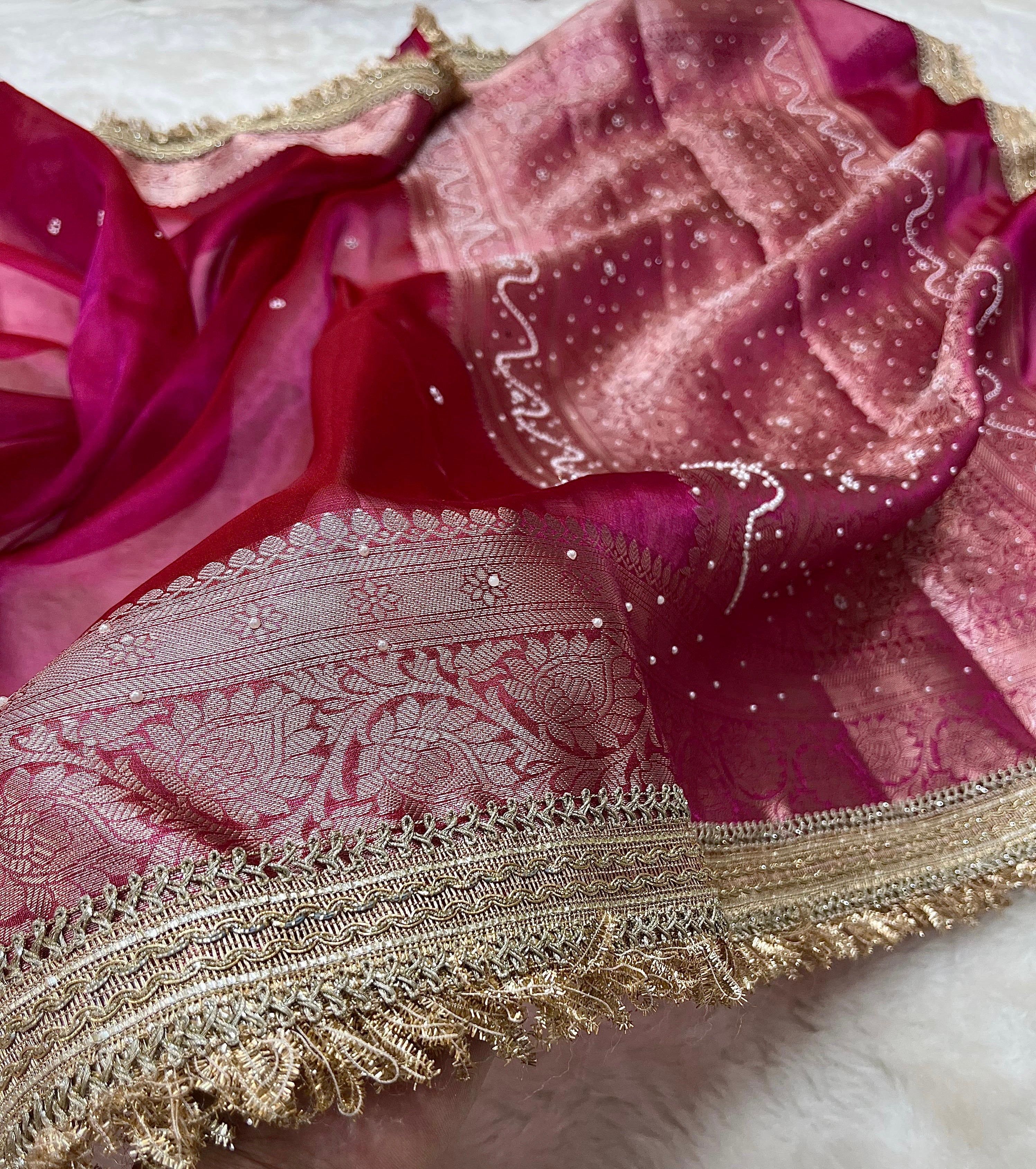 PREMIUM HOT PINK SHADE SOFT TISSUE SILK SAREE DESIGNER HAND STONE WORK WITH LACE ATTACHED