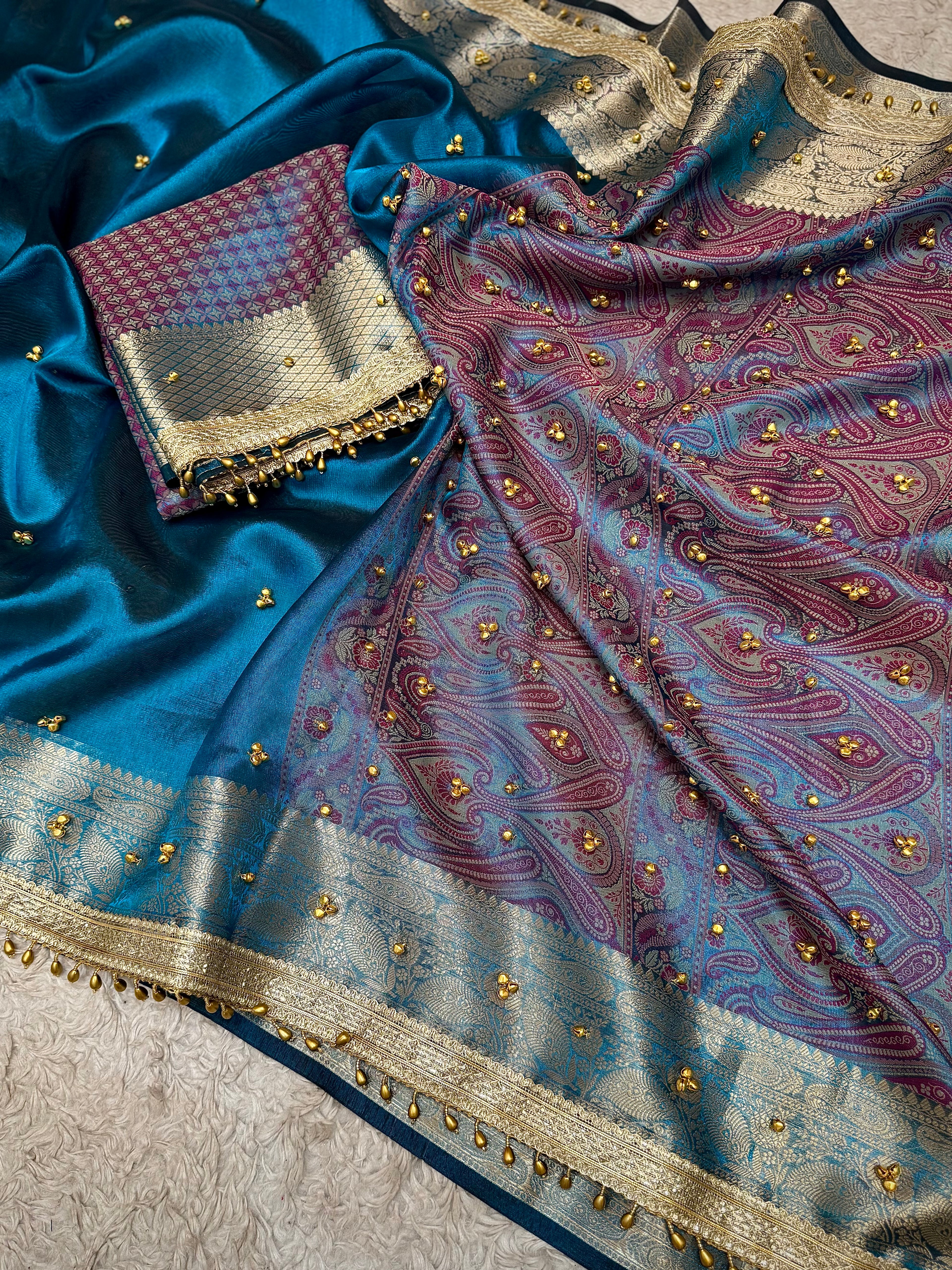 PREMIUM GERMAN BLUE SHADE GHUNGROO WORK BANARASI TISSUE SILK SAREE