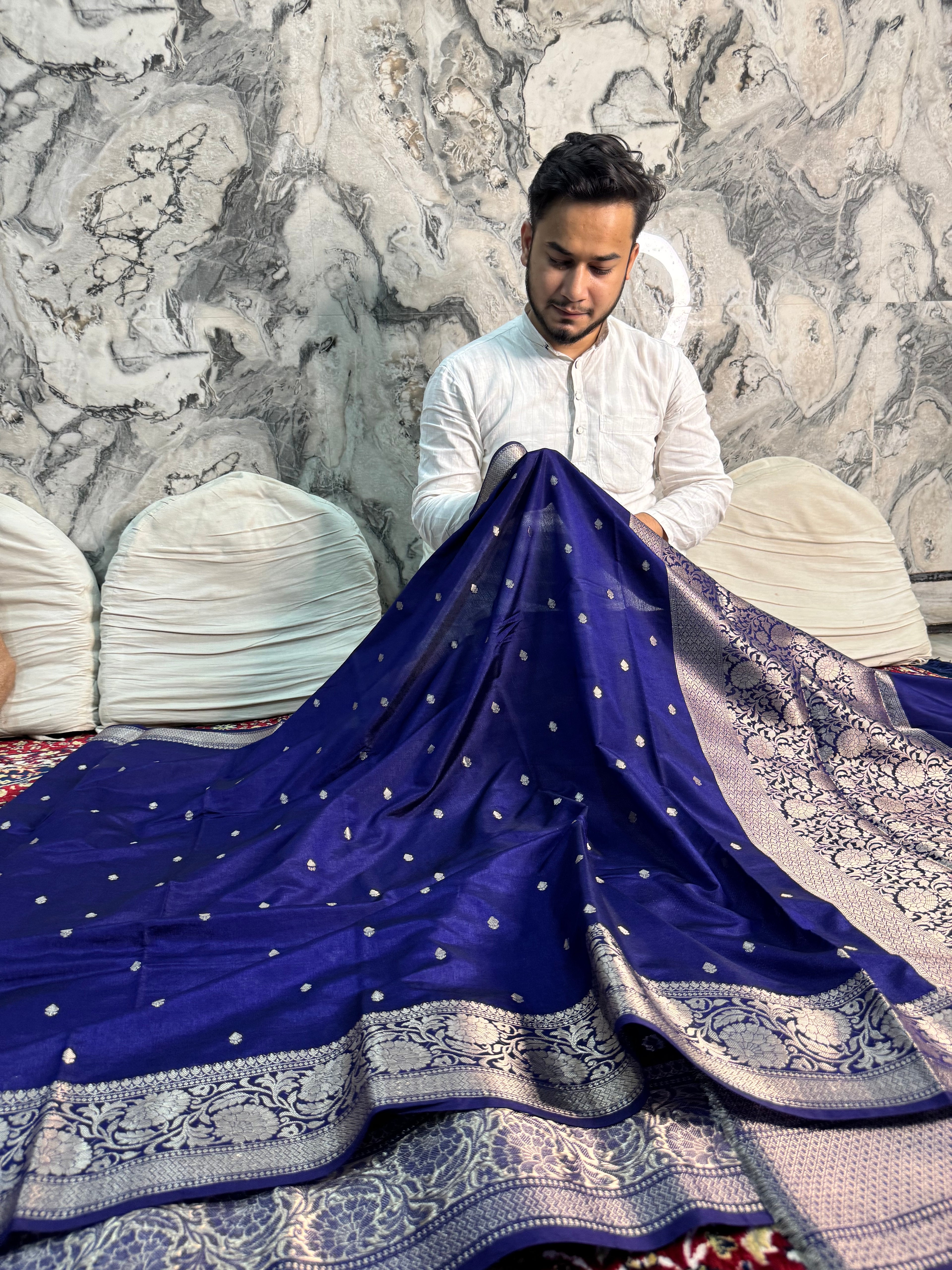 LUXURIOUS NEVY BLUE SHADE GEORGETTE KATAN DESIGNER SAREE