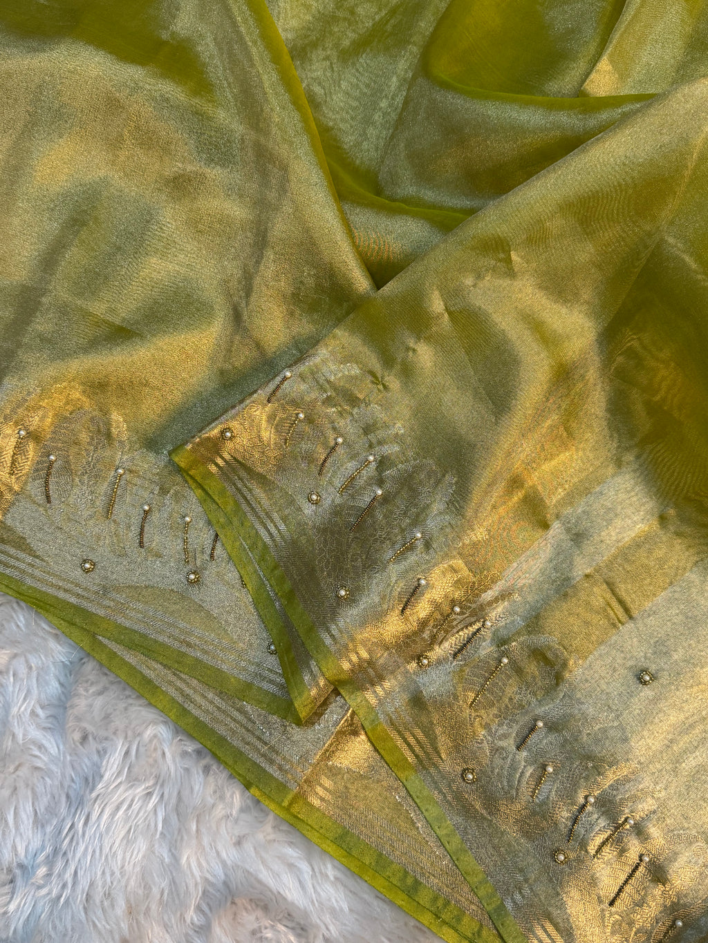 PREMIUM PISTA GREEN SHADE HANDWORK TISSUE SILK CUTWORK SAREE