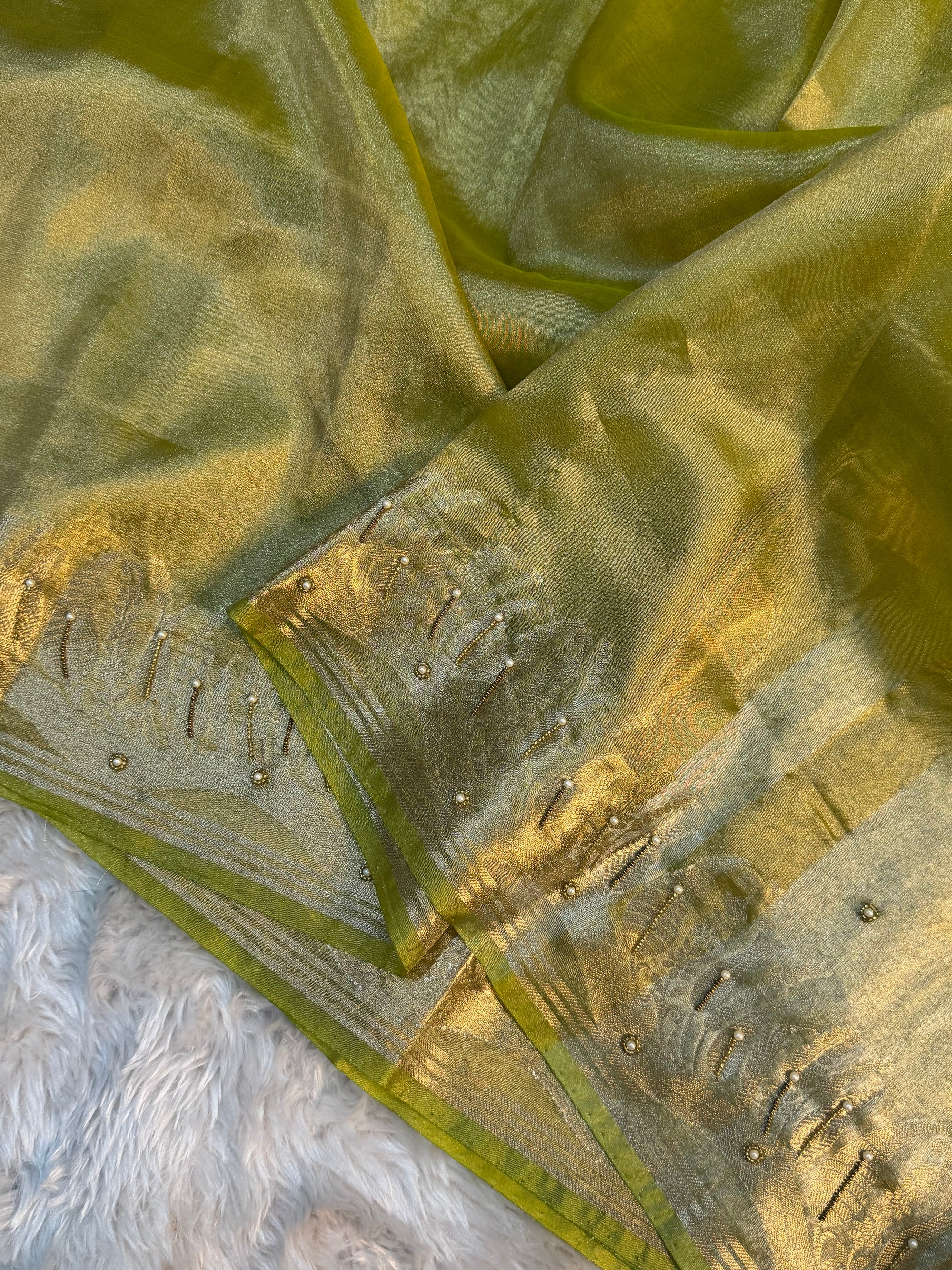 PREMIUM PISTA GREEN SHADE HANDWORK TISSUE SILK CUTWORK SAREE