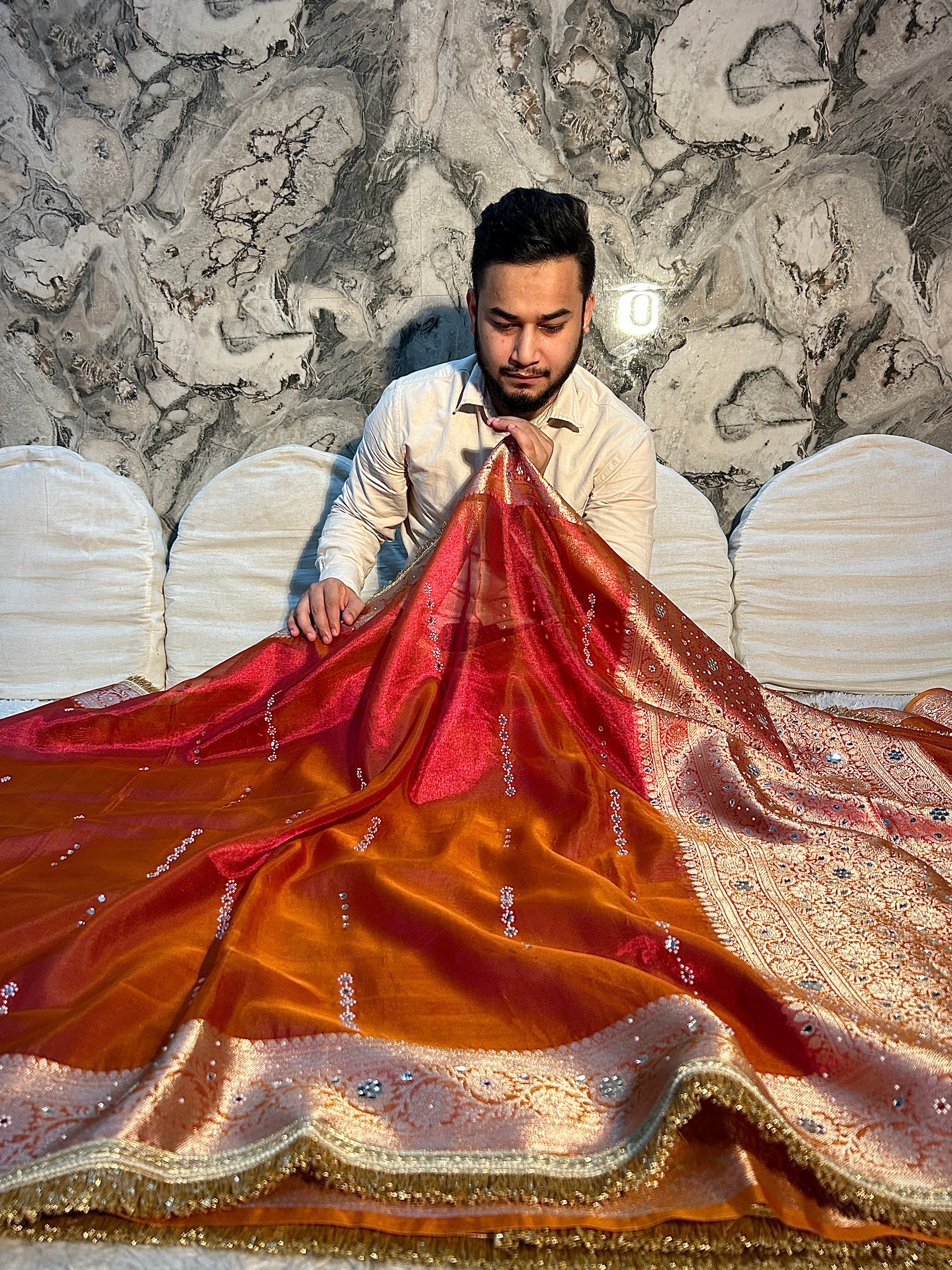 EXCLUSIVE PINK AND ORANGE SHADE SOFT TISSUE SILK MIRROR WORK DESIGNER SAREE