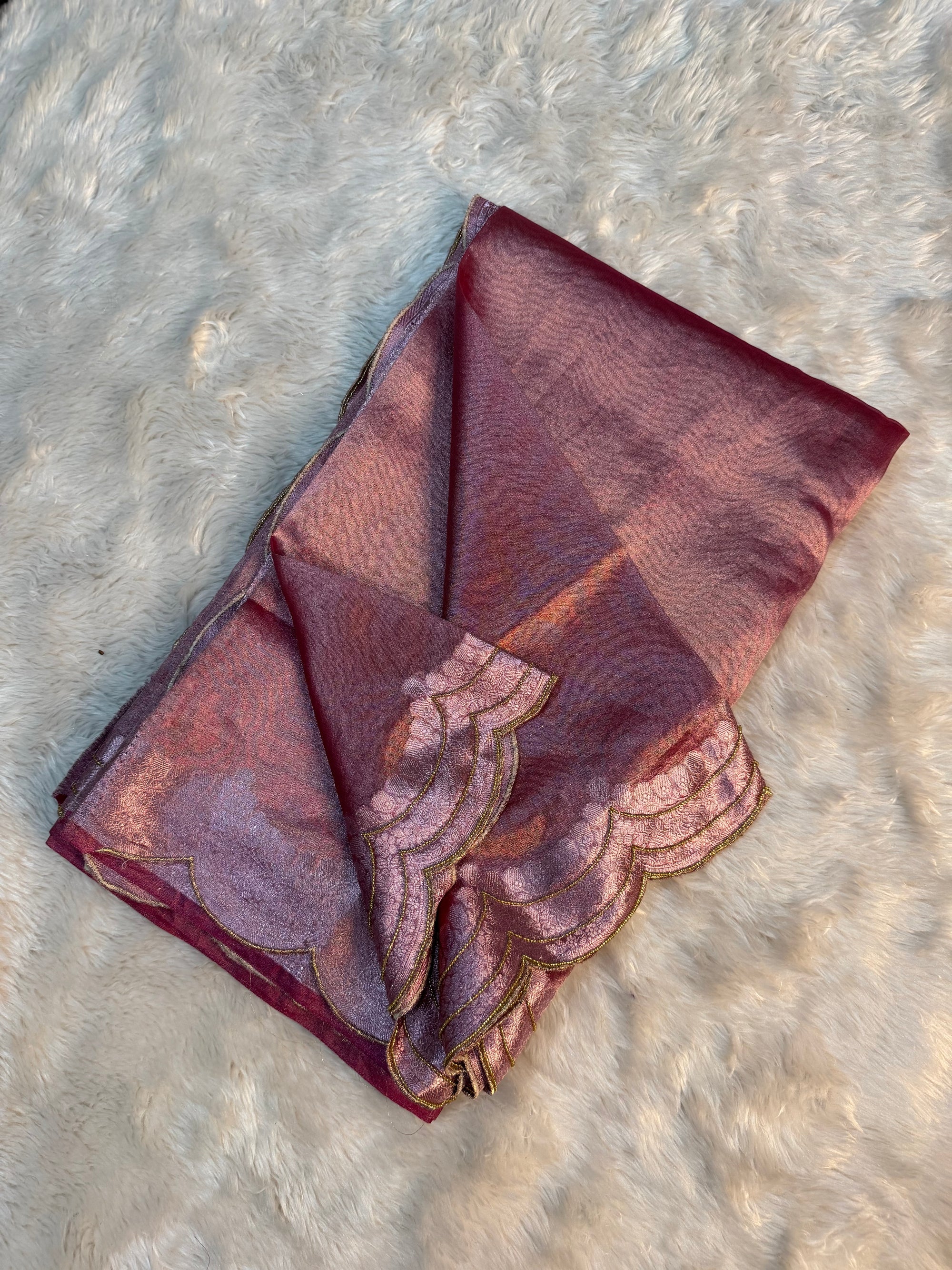 PREMIUM STRAWBERRY SHADE HANDWORK TISSUE SILK CUTWORK SAREE