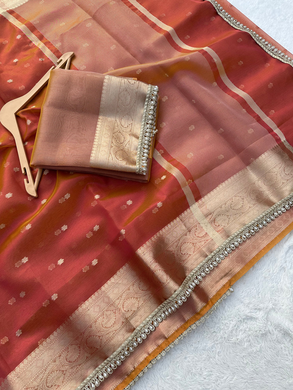 PREMIUM PINK AND ORANGE SHADE DESIGNER TISSUE SILK BOOTI SAREE WITH LACE ATTACHED