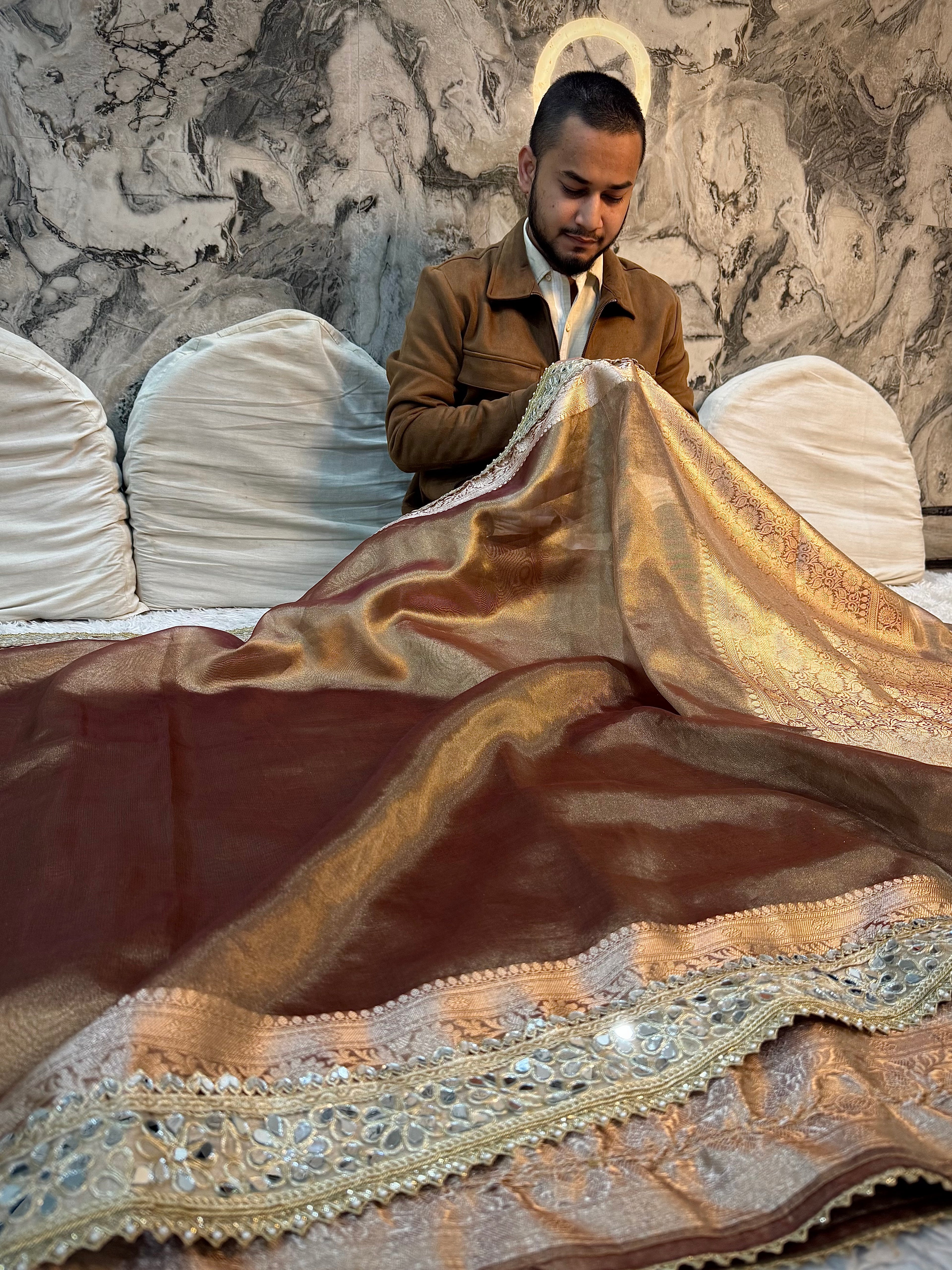 EXCLUSIVE BRONZED GLOW SHADE SOFT  TISSUE SILK SAREE WITH DESIGNER LACE ATTACHED