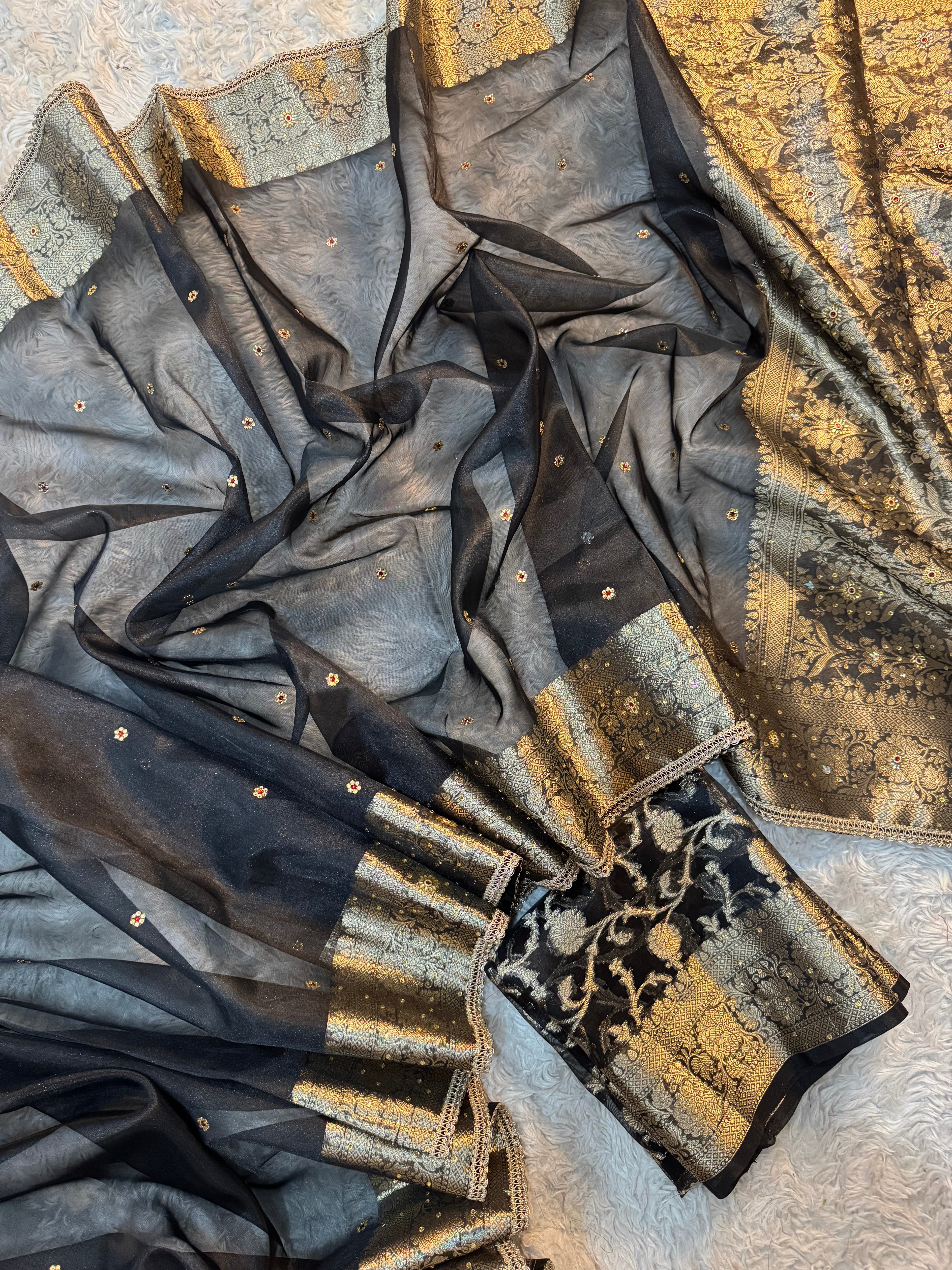 EXCLUSIVE HOT BLACK SHADE SOFT TISSUE SILK SAREE DESIGNER HAND STONE WORK WITH LACE ATTACHED
