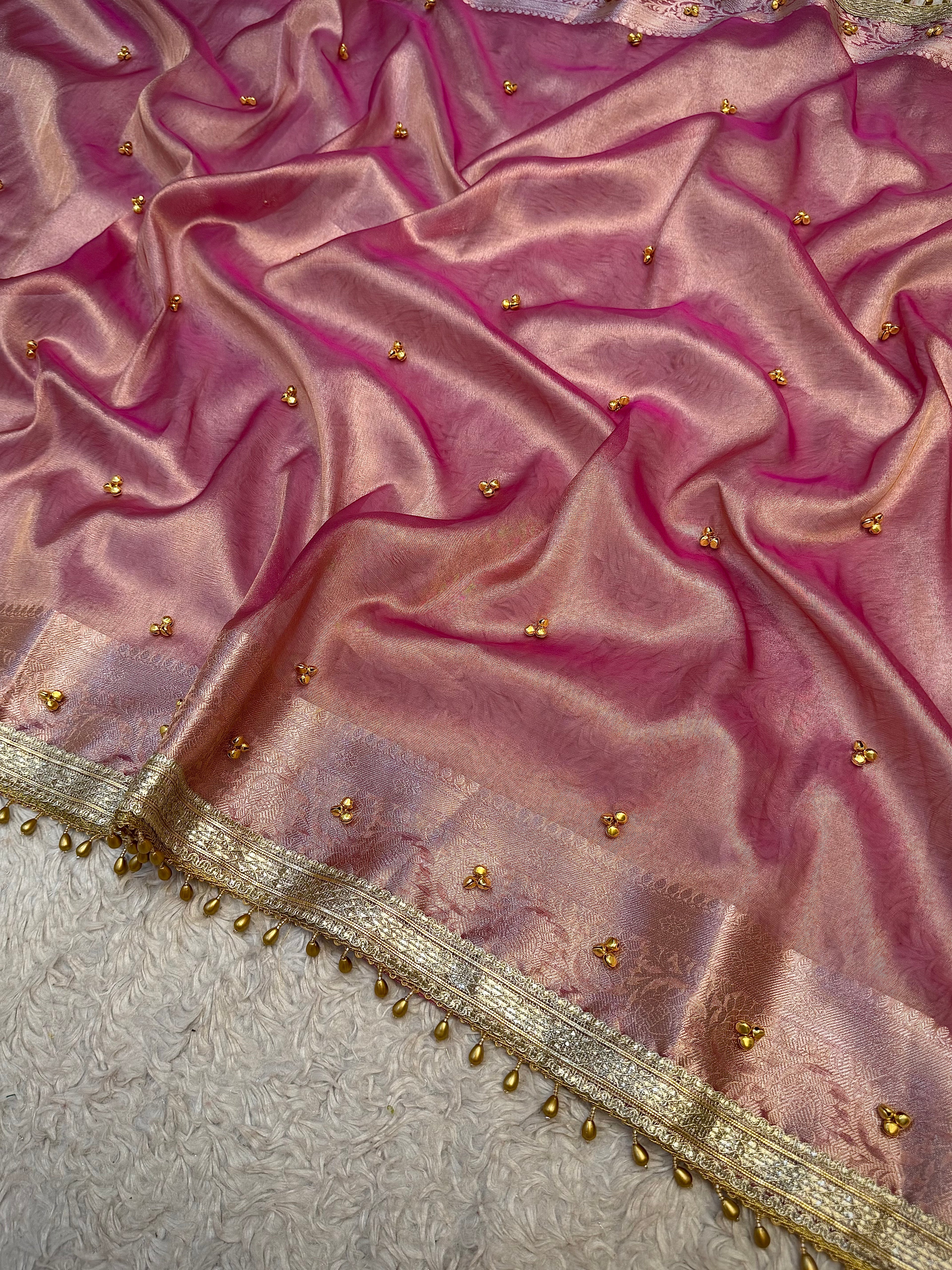 PREMIUM BABY PINK SHADE GHUNGROO WORK SOFT BANARASI TISSUE SILK DESIGNER SAREE