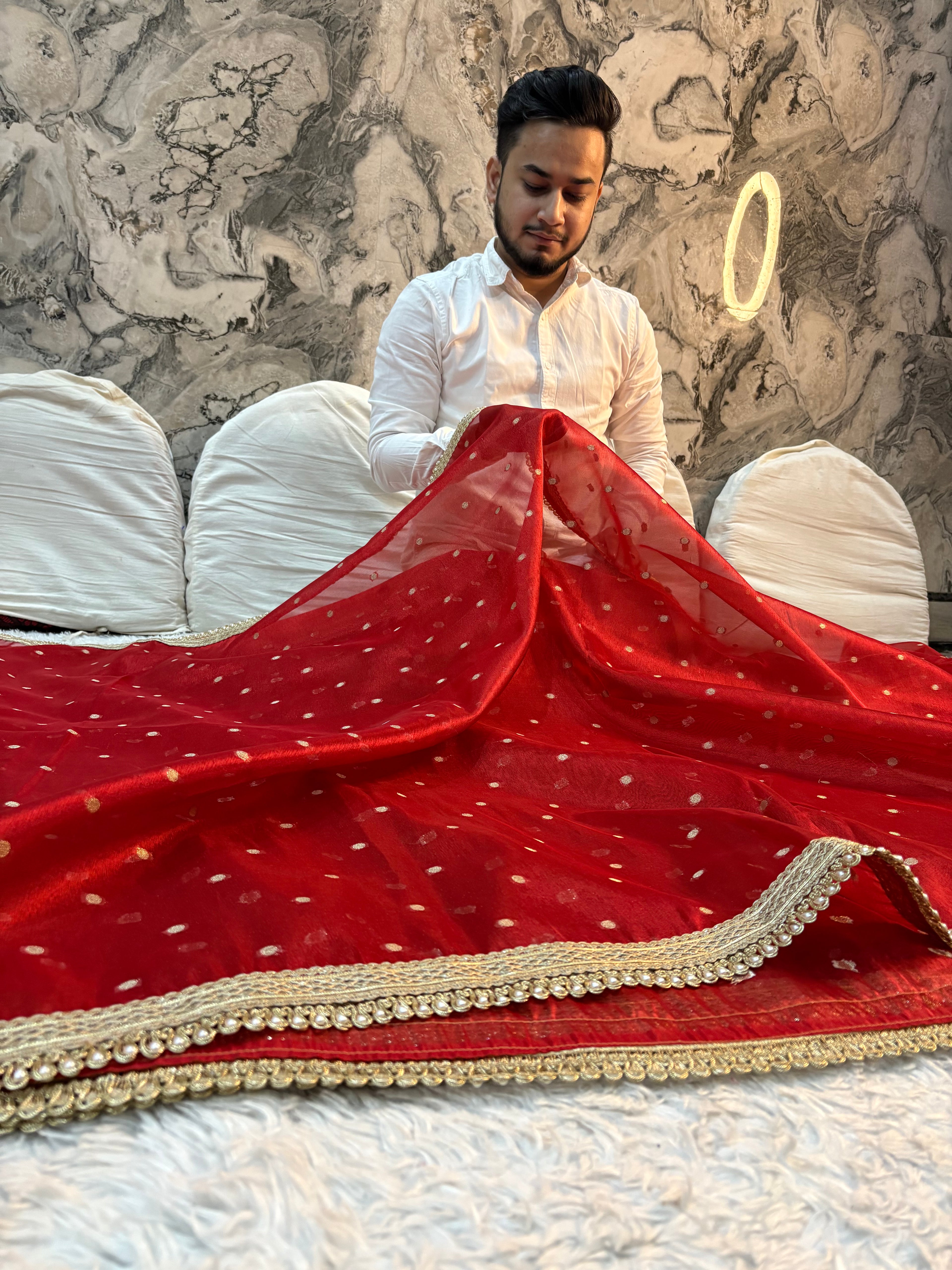 PREMIUM RED SHADE DESIGNER TISSUE SILK BOOTI SAREE WITH LACE ATTACHED