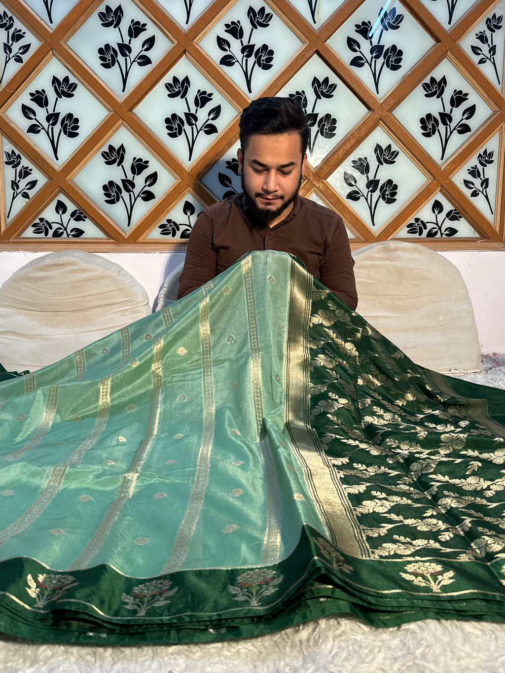 PREMIUM SEA GREEN WITH BOTTLE GREEN SHADE BANARASI VISCOSE SILK WITH SATIN BORDER