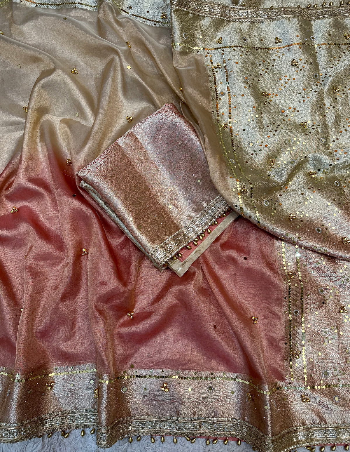 PREMIUM IVORY AND PEACH DUAL SHADE SOFT BANARASI TISSUE SILK GHUNGROO AND MIRROR WORK SAREE