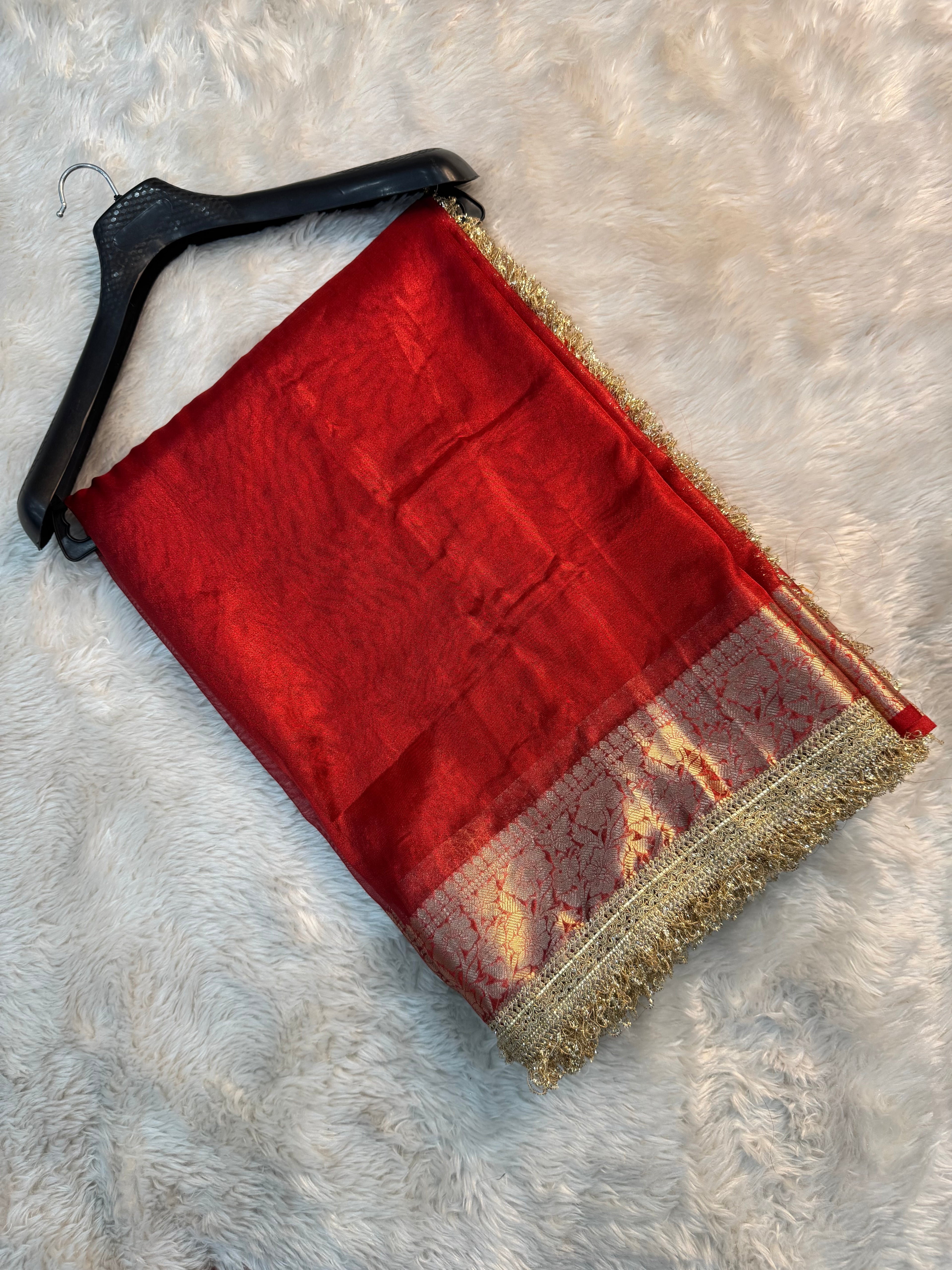 PREMIUM RED SHADE SOFT TISSUE SILK SAREE WITH LACE ATTACHED