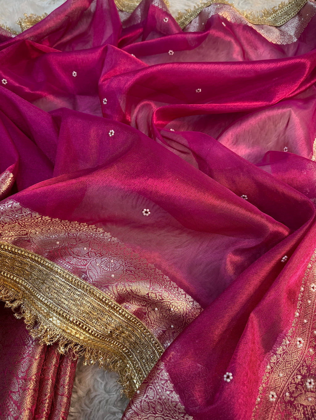 LUXURIOUS RANI SHADE SOFT TISSUE SILK SAREE HAND STONE WORK WITH LACE ATTACHED