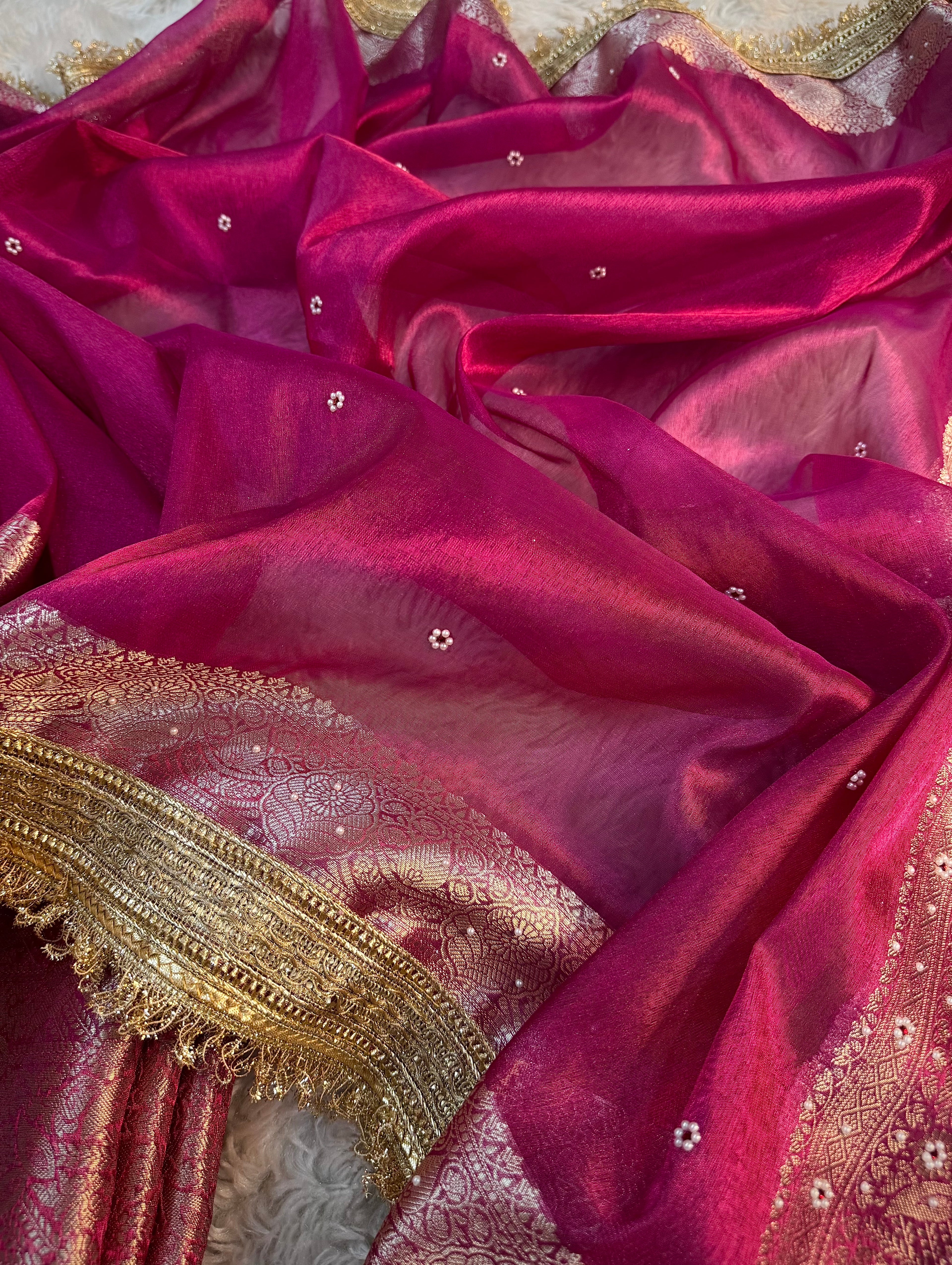 LUXURIOUS RANI SHADE SOFT TISSUE SILK SAREE HAND STONE WORK WITH LACE ATTACHED